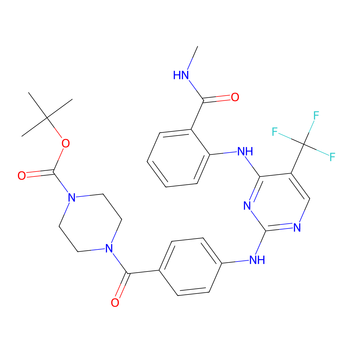 Tert-butyl 4-(4-((4-((2-(methylcarbamoyl)phenyl)amino)-5-(trifluoromethyl)pyrimidin-2-YL)amino)benzoyl)piperazine-1-carboxylate molecular structure, CAS 2354405-20-0