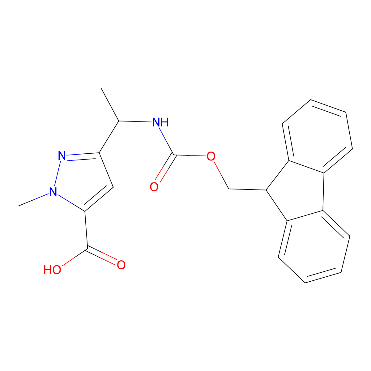 3-[1-({[(9H-fluoren-9-yl)methoxy]carbonyl}amino)ethyl]-1-methyl-1H-pyrazole-5-carboxylic acid molecular structure, CAS 2354708-12-4