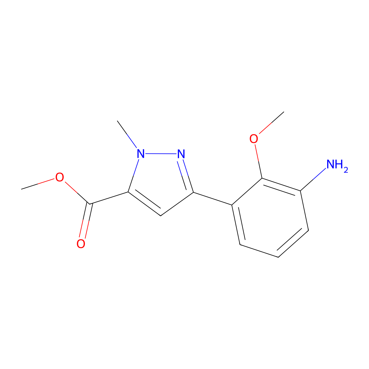 methyl 3-(3-amino-2-methoxyphenyl)-1-methyl-1H-pyrazole-5-carboxylate molecular structure, CAS 2355197-80-5