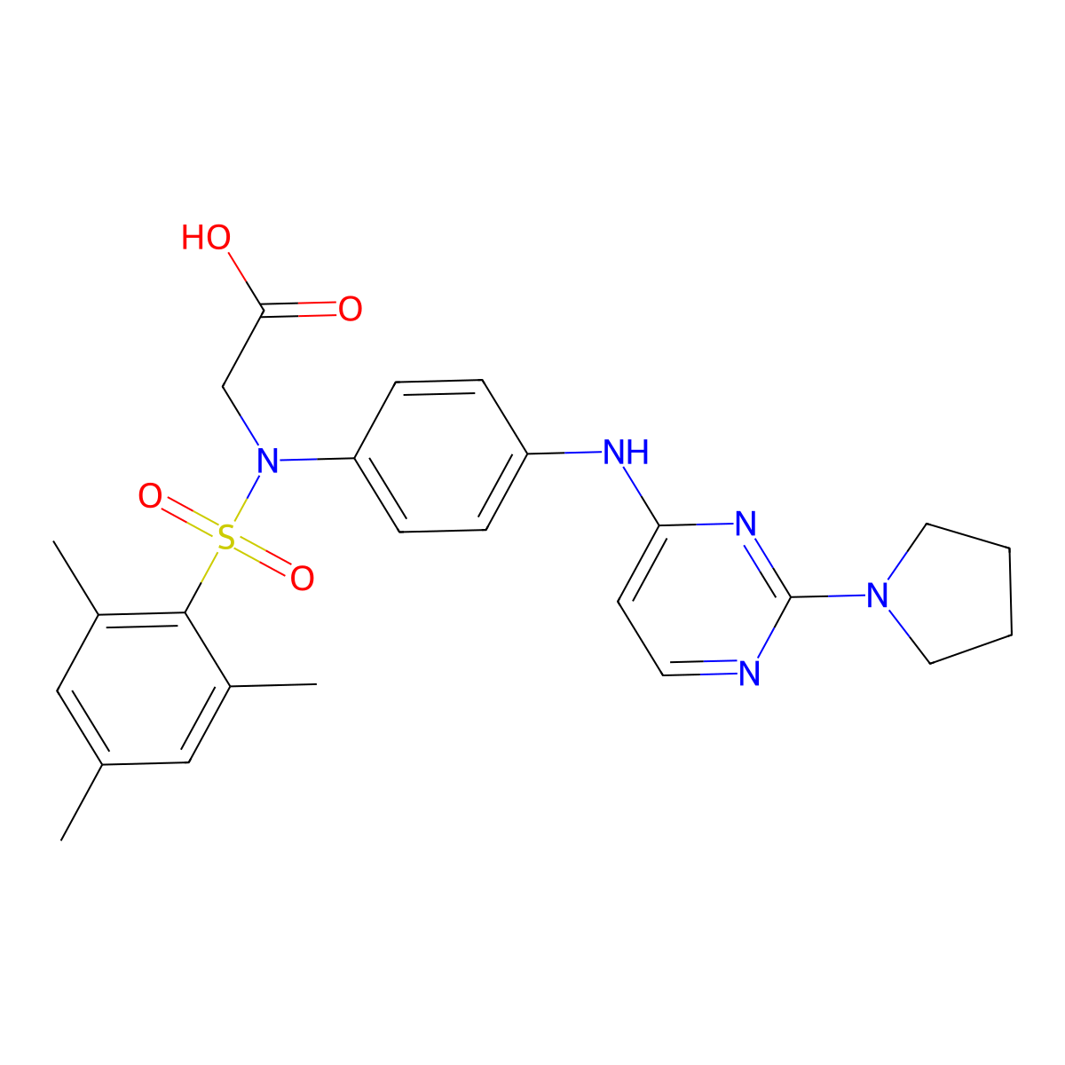 2-(2,4,6-trimethyl-N-(4-((2-(pyrrolidin-1-yl)pyrimidin-4-yl)amino)phenyl)phenylsulfonamido)acetic acid molecular structure, CAS 2355377-13-6