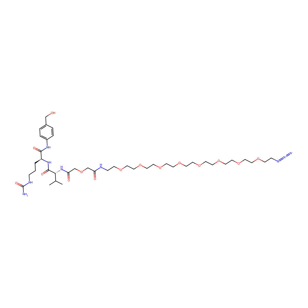 (2S)-2-[[(2R)-2-[[2-[2-[2-[2-[2-[2-[2-[2-[2-[2-(2-azidoethoxy)ethoxy]ethoxy]ethoxy]ethoxy]ethoxy]ethoxy]ethoxy]ethylamino]-2-oxoethoxy]acetyl]amino]-3-methylbutanoyl]amino]-5-(carbamoylamino)-N-[4-(hydroxymethyl)phenyl]pentanamide molecular structure, CAS 2356229-77-9