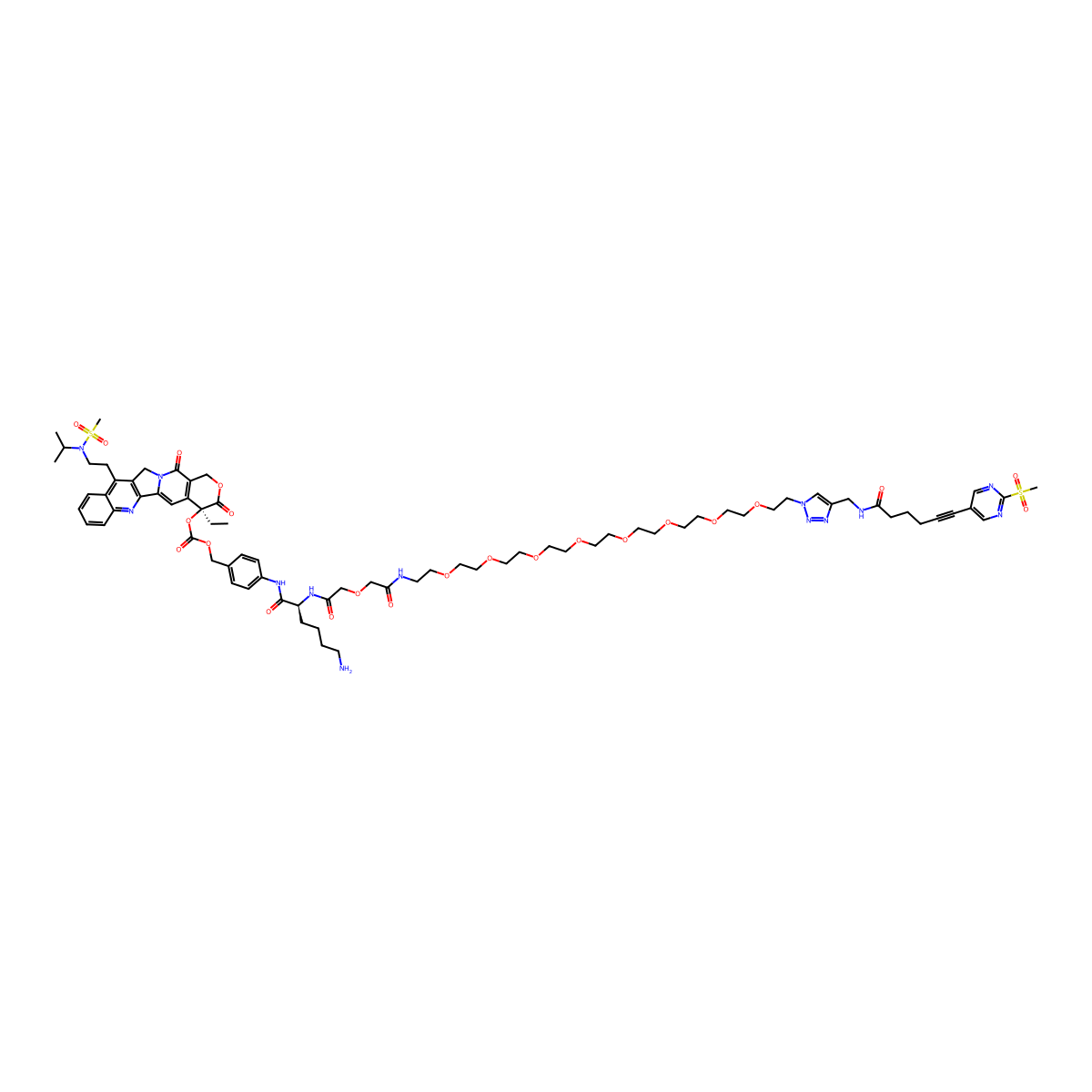 4-((S)-2-(4-aminobutyl)-35-(4-((6-(2-(methylsulfonyl)pyrimidin-5-yl)hex-5-ynamido)methyl)-1H-1,2,3-triazol-1-yl)-4,8-dioxo-6,12,15,18,21,24,27,30,33-nonaoxa-3,9-diazapentatriacontanamido)benzyl ((S)-4-ethyl-11-(2-(N-isopropylmethylsulfonamido)ethyl)-3,14-dioxo-3,4,12,14-tetrahydro-1H-pyrano[3',4':6,7]indolizino[1,2-b]quinolin-4-yl) carbonate molecular structure, CAS 2356230-22-1