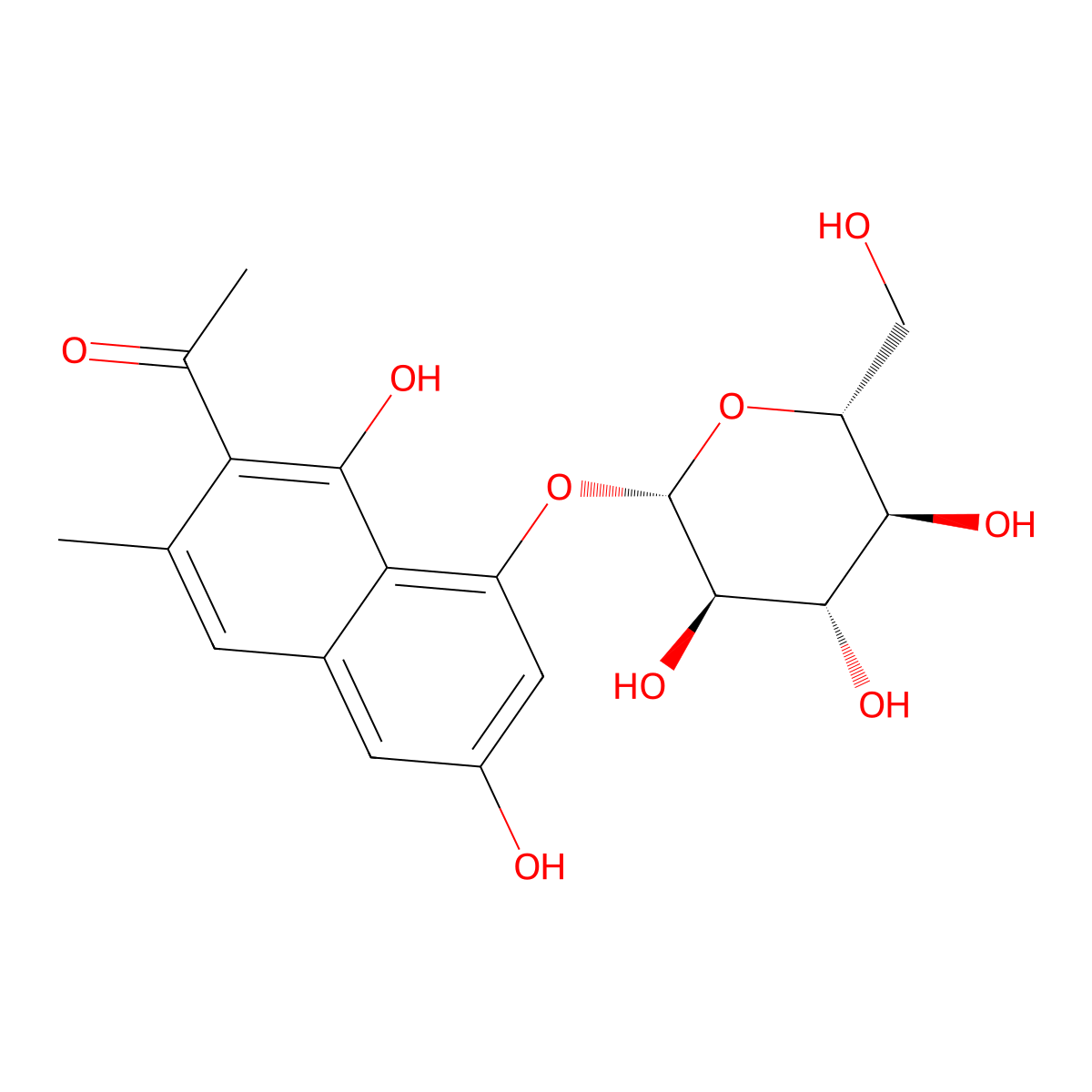 1-[1,6-dihydroxy-3-methyl-8-[(2S,3R,4S,5S,6R)-3,4,5-trihydroxy-6-(hydroxymethyl)oxan-2-yl]oxynaphthalen-2-yl]ethanone molecular structure, CAS 23566-96-3