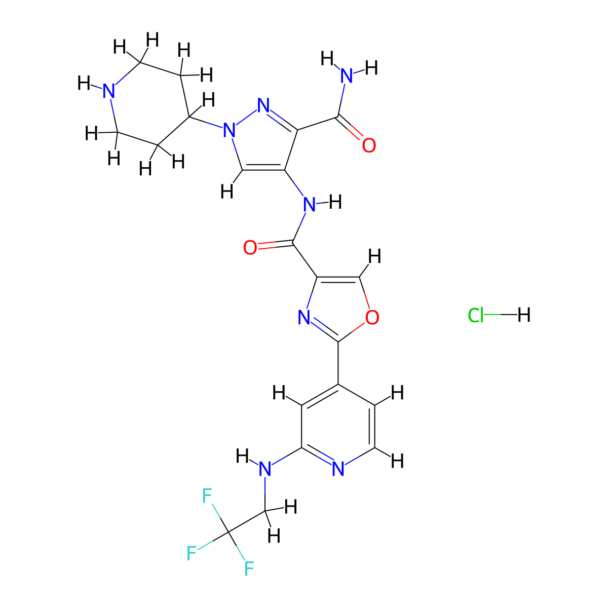 N-[3-carbamoyl-1-(piperidin-4-yl)pyrazol-4-yl]-2-{2-[(2,2,2-trifluoroethyl)amino]pyridin-4-yl}-1,3-oxazole-4-carboxamide hydrochloride molecular structure, CAS 2357107-83-4