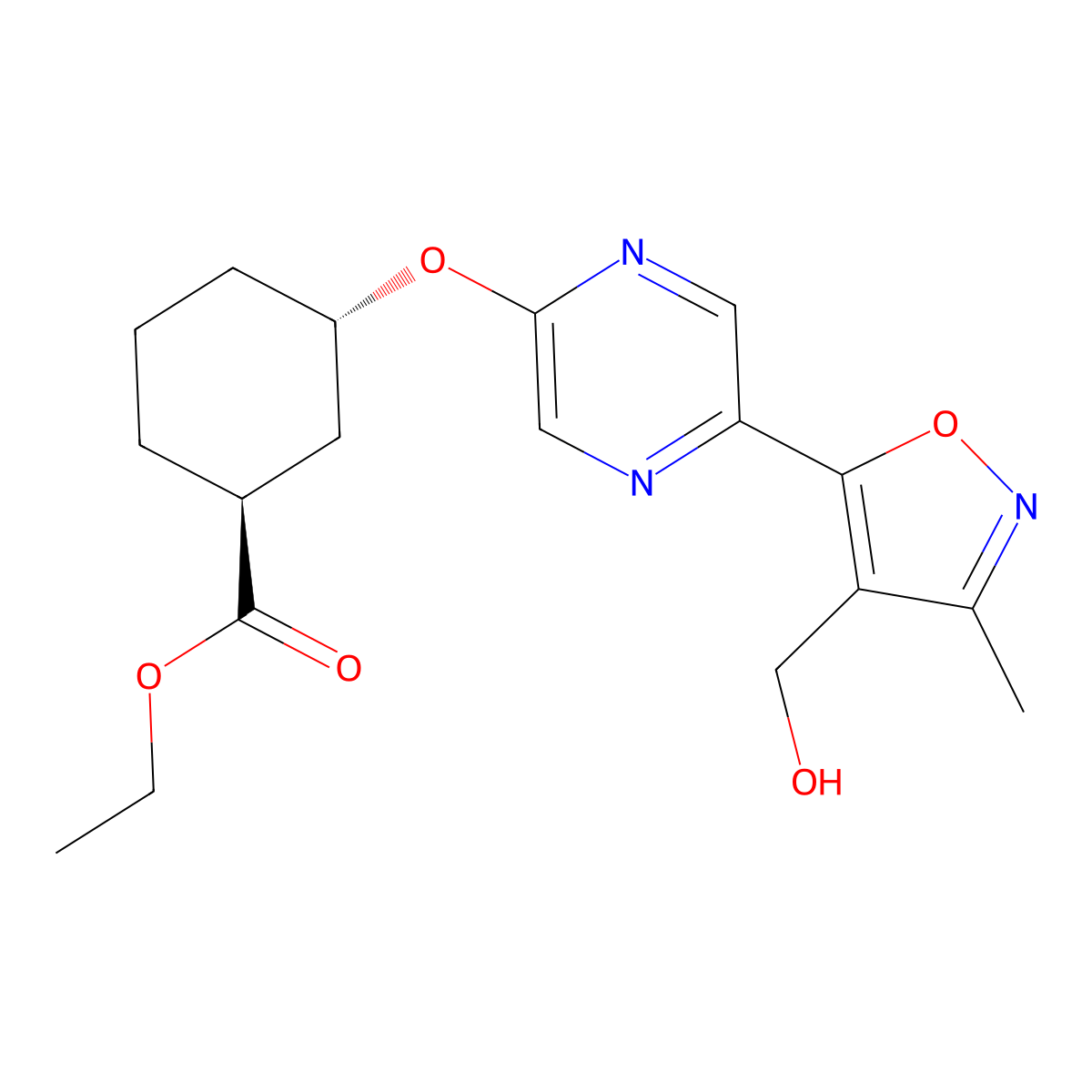 Cyclohexanecarboxylic acid, 3-[[5-[4-(hydroxymethyl)-3-methyl-5-isoxazolyl]-2-pyrazinyl]oxy]-, ethyl ester, (1R,3R)-rel- molecular structure, CAS 2357144-75-1
