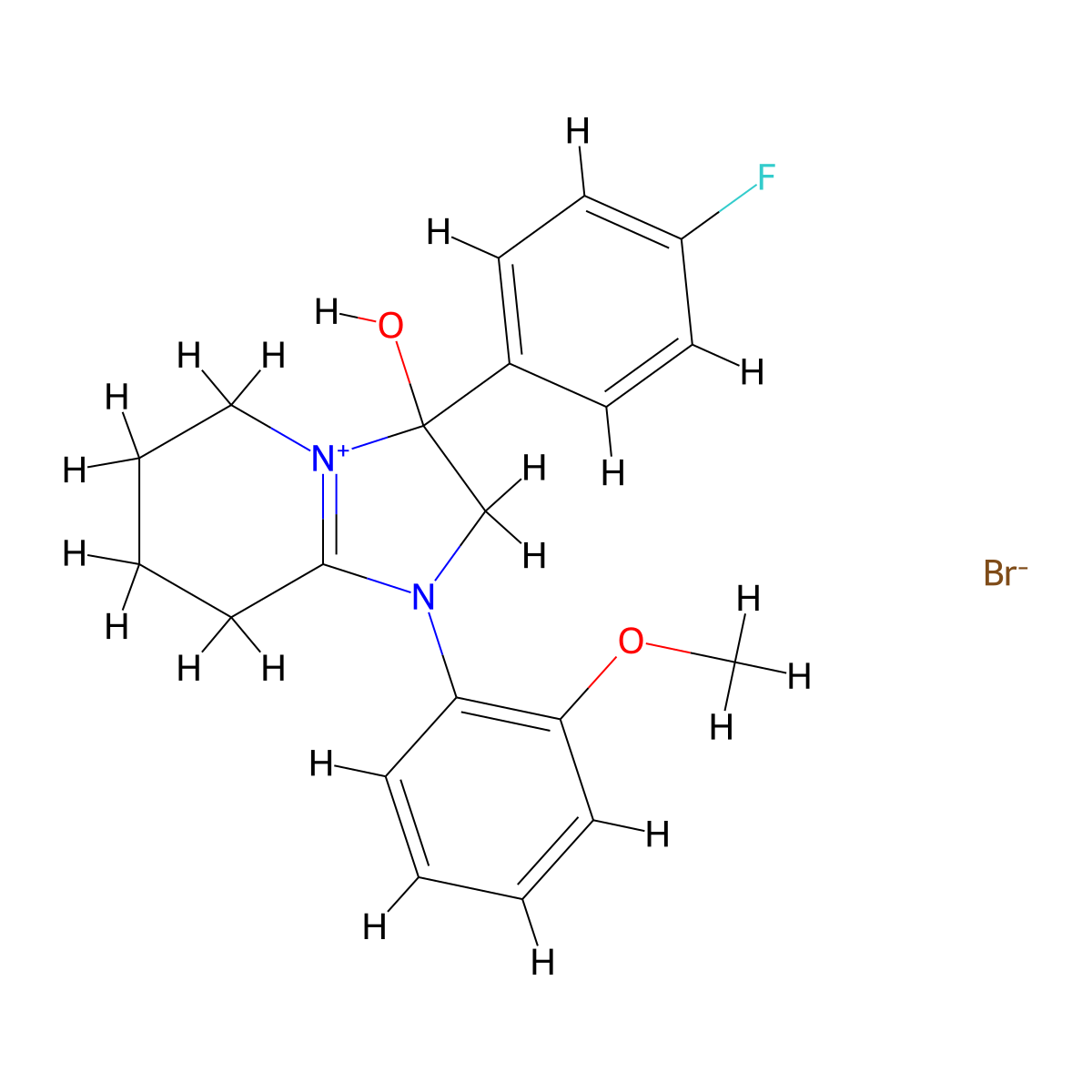 3-(4-Fluorophenyl)-3-hydroxy-1-(2-methoxyphenyl)-2,3,5,6,7,8-hexahydroimidazo[1,2-a]pyridin-1-ium bromide molecular structure, CAS 2359672-76-5