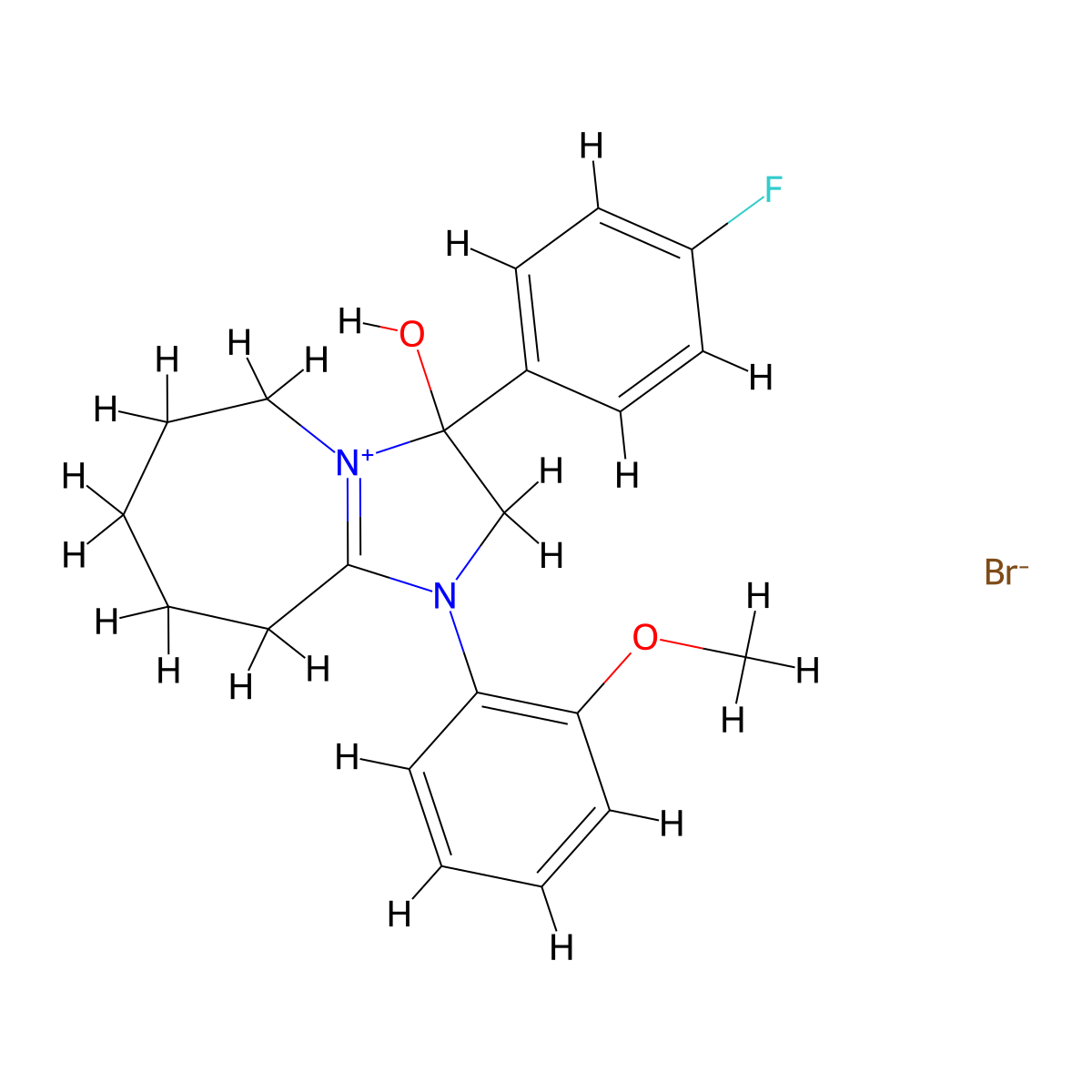 3-(4-fluorophenyl)-3-hydroxy-1-(2-methoxyphenyl)-3,5,6,7,8,9-hexahydro-2H-imidazo[1,2-a]azepin-1-ium bromide molecular structure, CAS 2359672-84-5