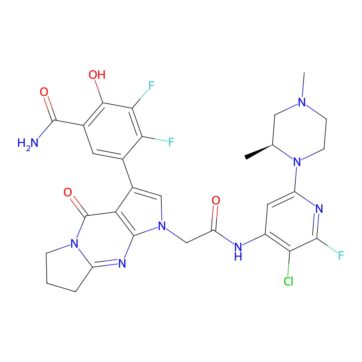 5-{(5S)-1-[2-({3-chloro-6-[(2S)-2,4-dimethylpiperazin-1-yl]-2-fluoropyridin-4-yl}amino)-2-oxoethyl]-4-oxo-4,6,7,8-tetrahydro-1H-dipyrrolo[1,2-a:2',3'-d]pyrimidin-3-yl}-3,4-difluoro-2-hydroxybenzamide molecular structure, CAS 2360625-97-2