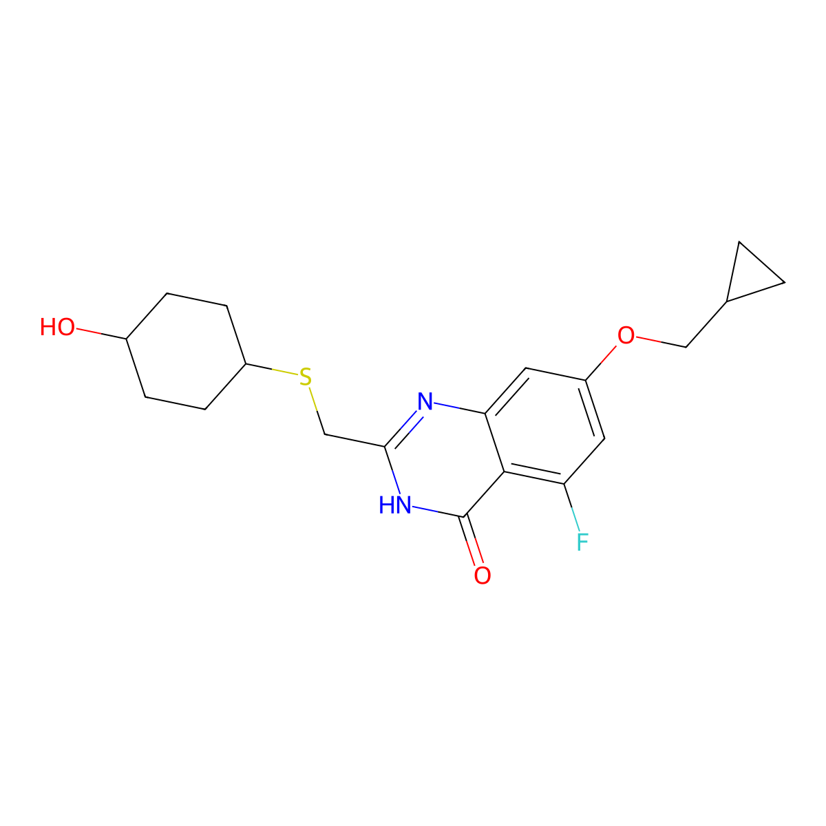 7-(Cyclopropylmethoxy)-5-fluoro-2-(((trans-4-hydroxycyclohexyl)thio)methyl)quinazolin-4(1H)-one molecular structure, CAS 2360851-29-0