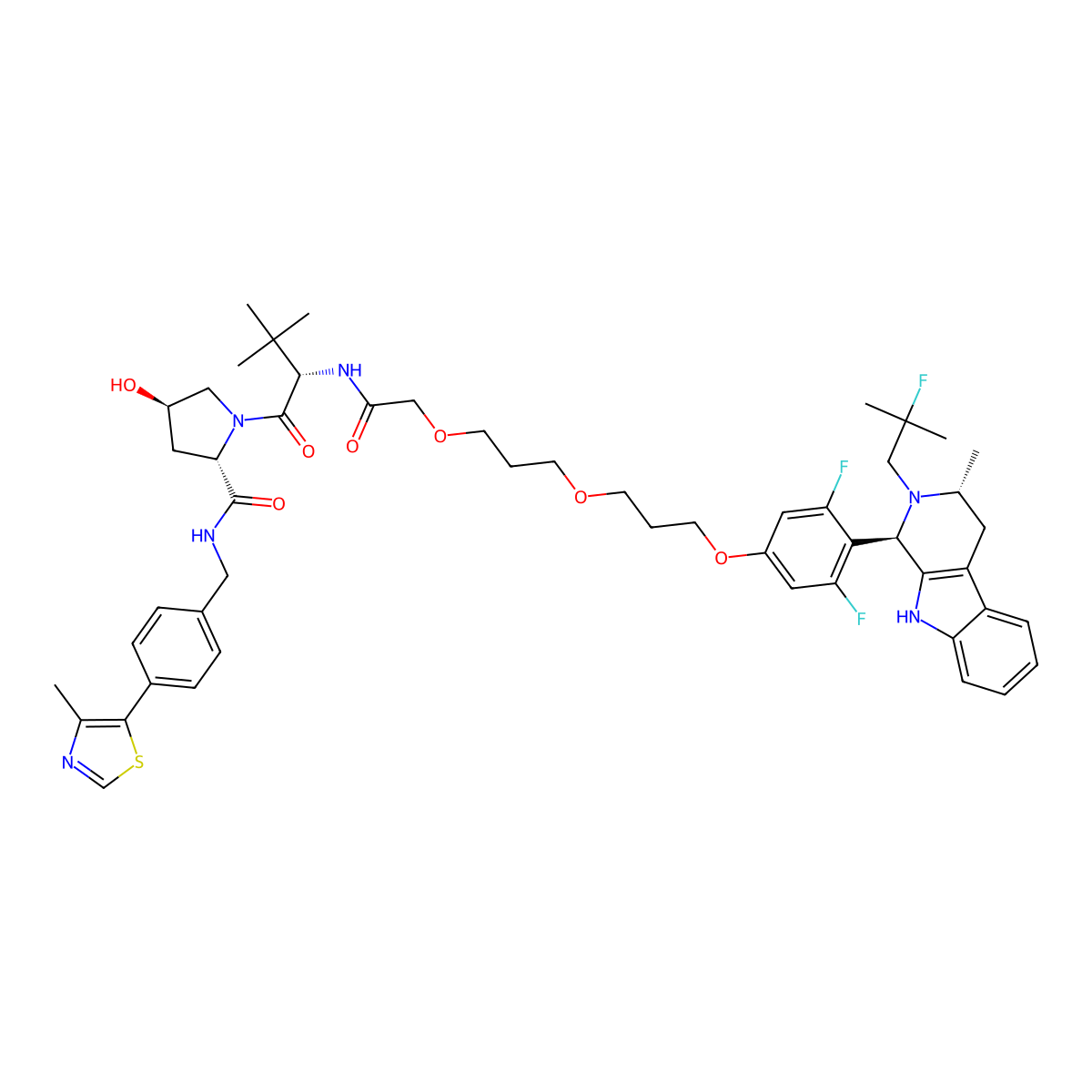 (2S,4R)-1-[(2S)-2-{2-[3-(3-{3,5-difluoro-4-[(1R,3R)-2-(2-fluoro-2-methylpropyl)-3-methyl-1H,2H,3H,4H,9H-pyrido[3,4-b]indol-1-yl]phenoxy}propoxy)propoxy]acetamido}-3,3-dimethylbutanoyl]-4-hydroxy-N-{[4-(4-methyl-1,3-thiazol-5-yl)phenyl]methyl}pyrrolidine-2-carboxamide molecular structure, CAS 2361115-35-5