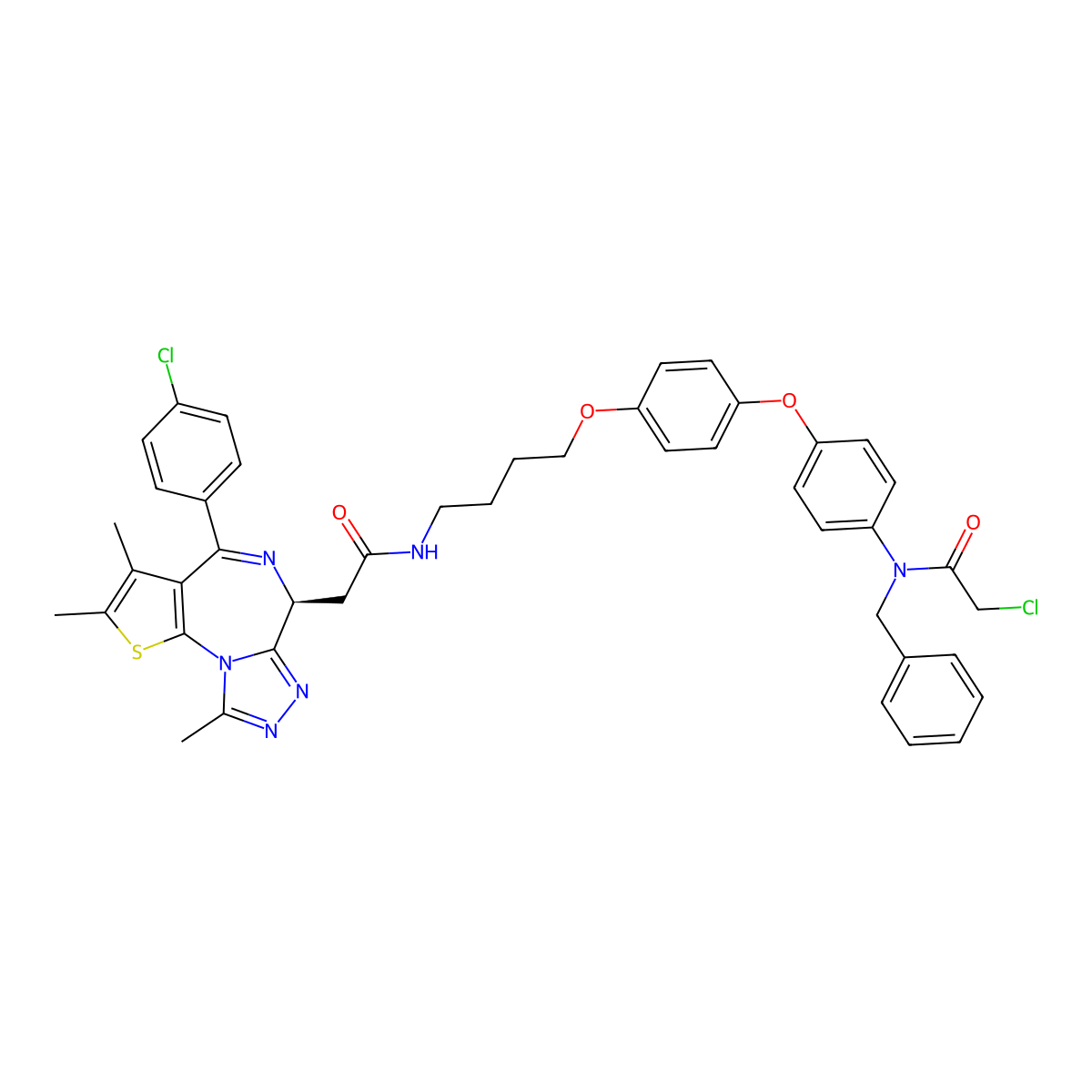 N-[4-[4-[4-[benzyl-(2-chloroacetyl)amino]phenoxy]phenoxy]butyl]-2-[(9S)-7-(4-chlorophenyl)-4,5,13-trimethyl-3-thia-1,8,11,12-tetrazatricyclo[8.3.0.02,6]trideca-2(6),4,7,10,12-pentaen-9-yl]acetamide molecular structure, CAS 2361142-23-4
