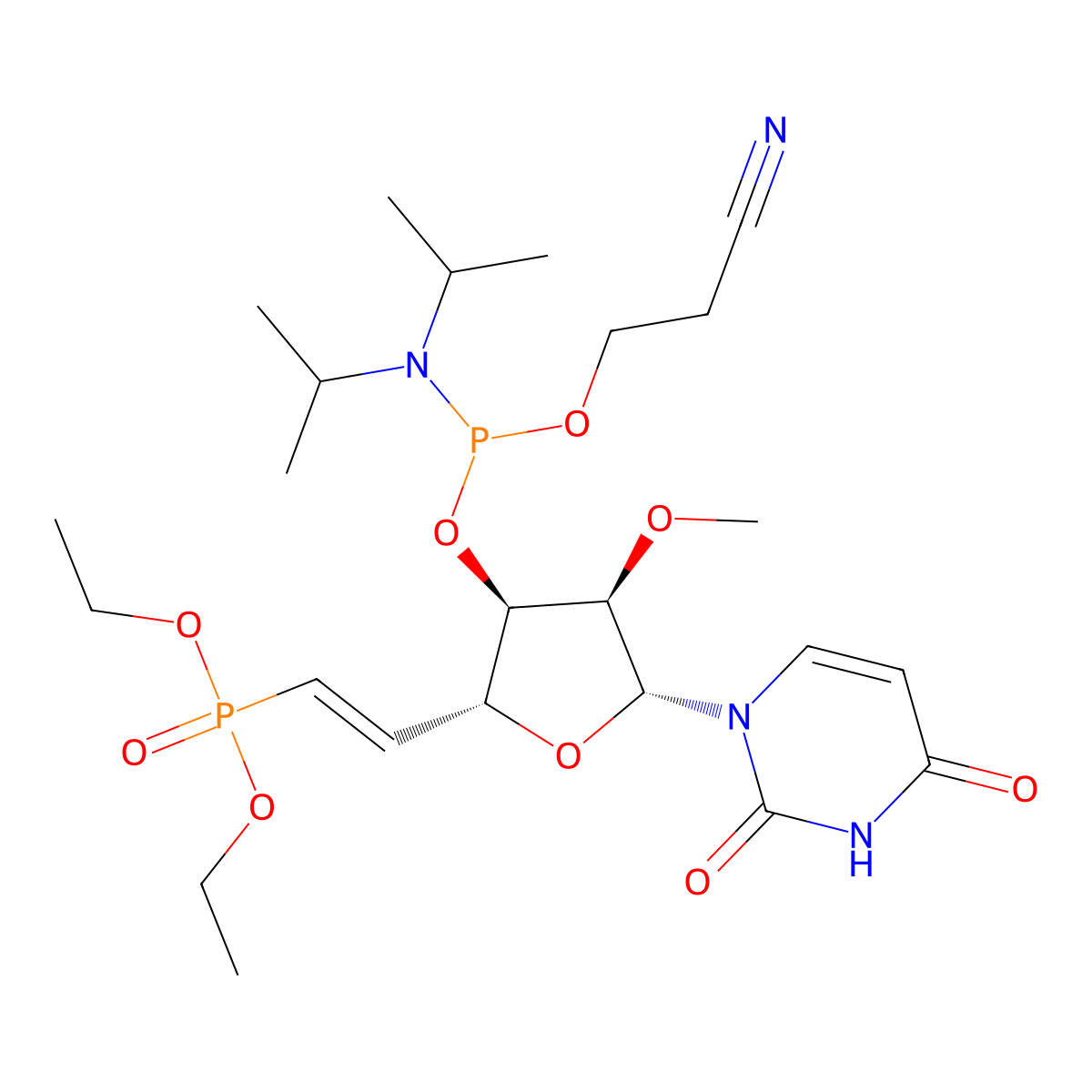 1-[(5E)-3-O-[(Bis-diisopropylamino)(2-cyanoethoxy)phos-phino]-5,6-dideoxy-6-(diethoxyphosphinyl)-2-O-methyl-ss-D-ribo-hex-5-enofuranosyl]uracil molecular structure, CAS 2361324-80-1