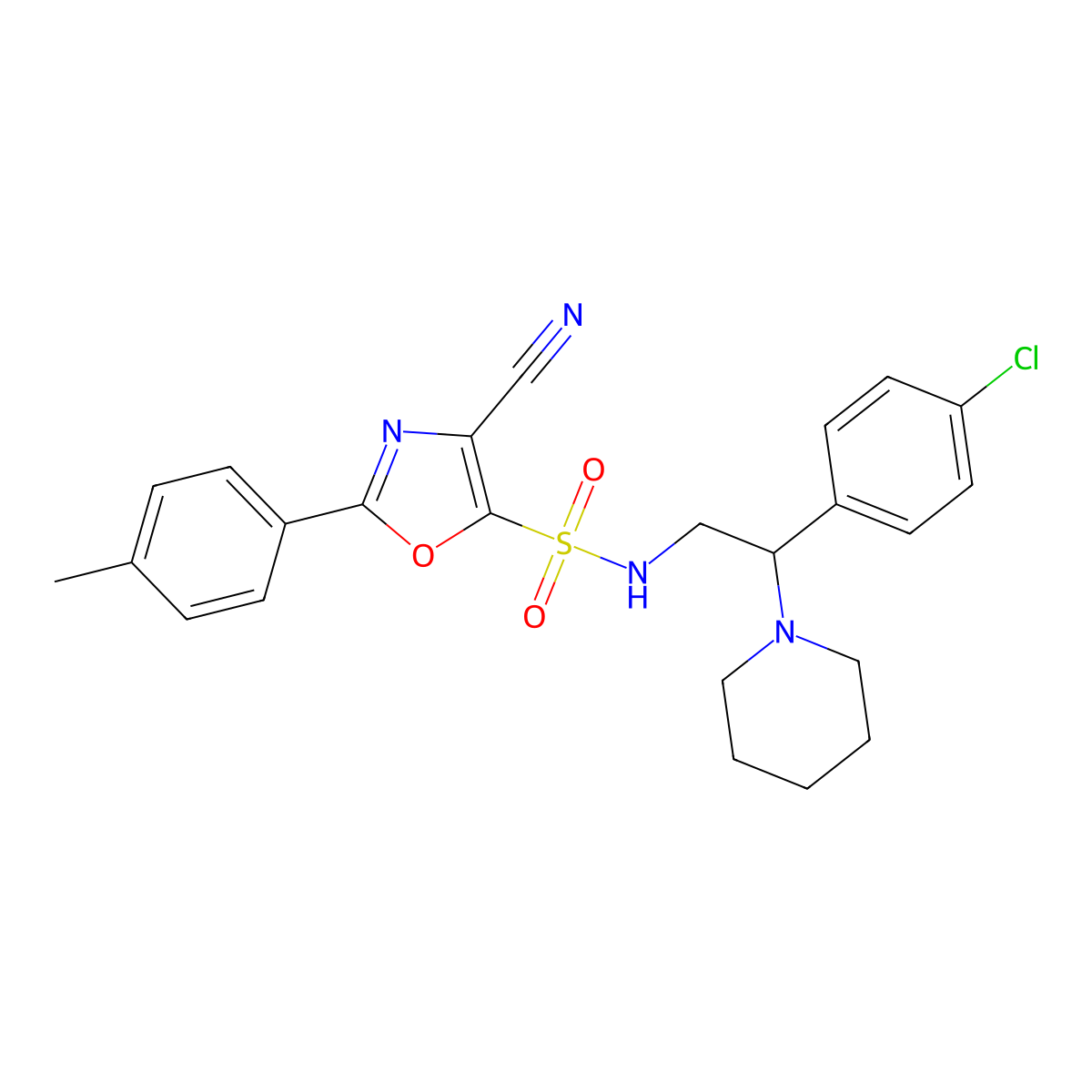 N-(2-(4-chlorophenyl)-2-(piperidin-1-yl)ethyl)-4-cyano-2-(p-tolyl)oxazole-5-sulfonamide molecular structure, CAS 2361554-74-5