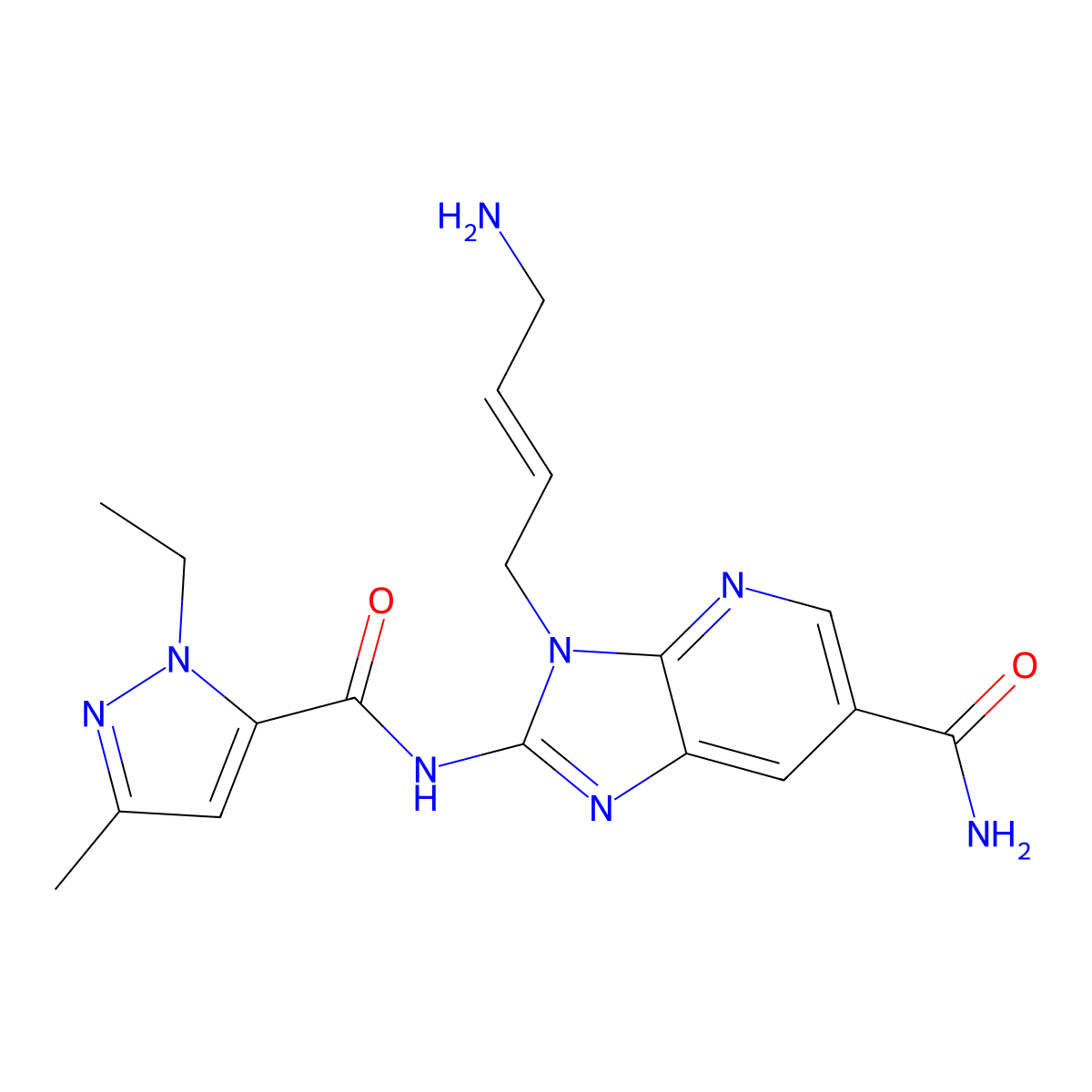 (E)-3-(4-Aminobut-2-en-1-yl)-2-(1-ethyl-3-methyl-1H-pyrazole-5-carboxamido)-3H-imidazo[4,5-b]pyridine-6-carboxamide molecular structure, CAS 2361570-30-9