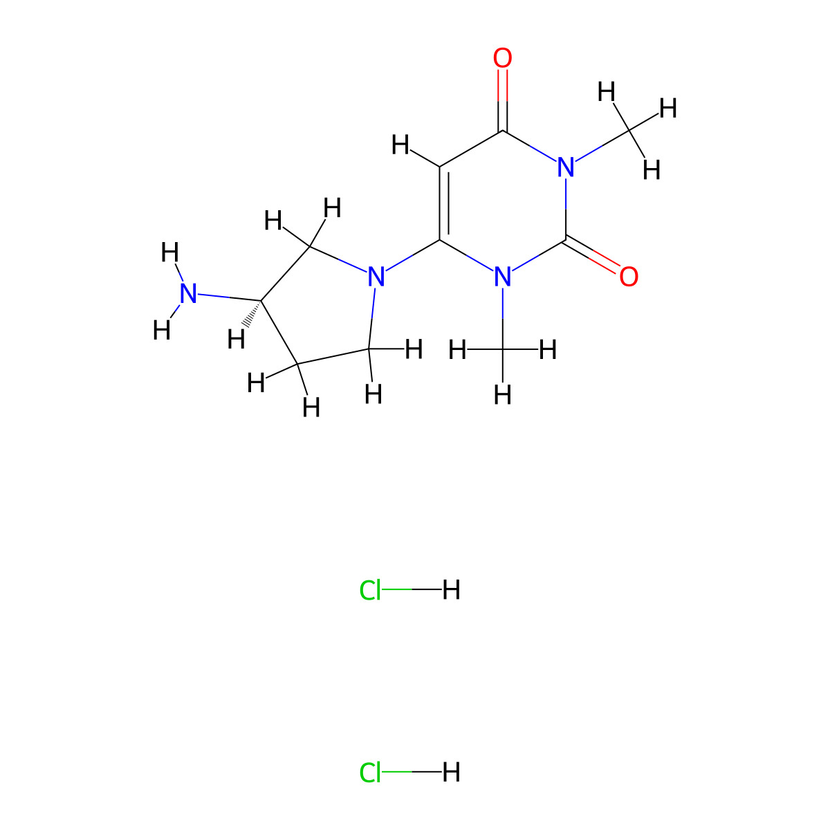 6-[(3R)-3-Aminopyrrolidin-1-yl]-1,3-dimethylpyrimidine-2,4-dione;dihydrochloride molecular structure, CAS 2361577-98-0
