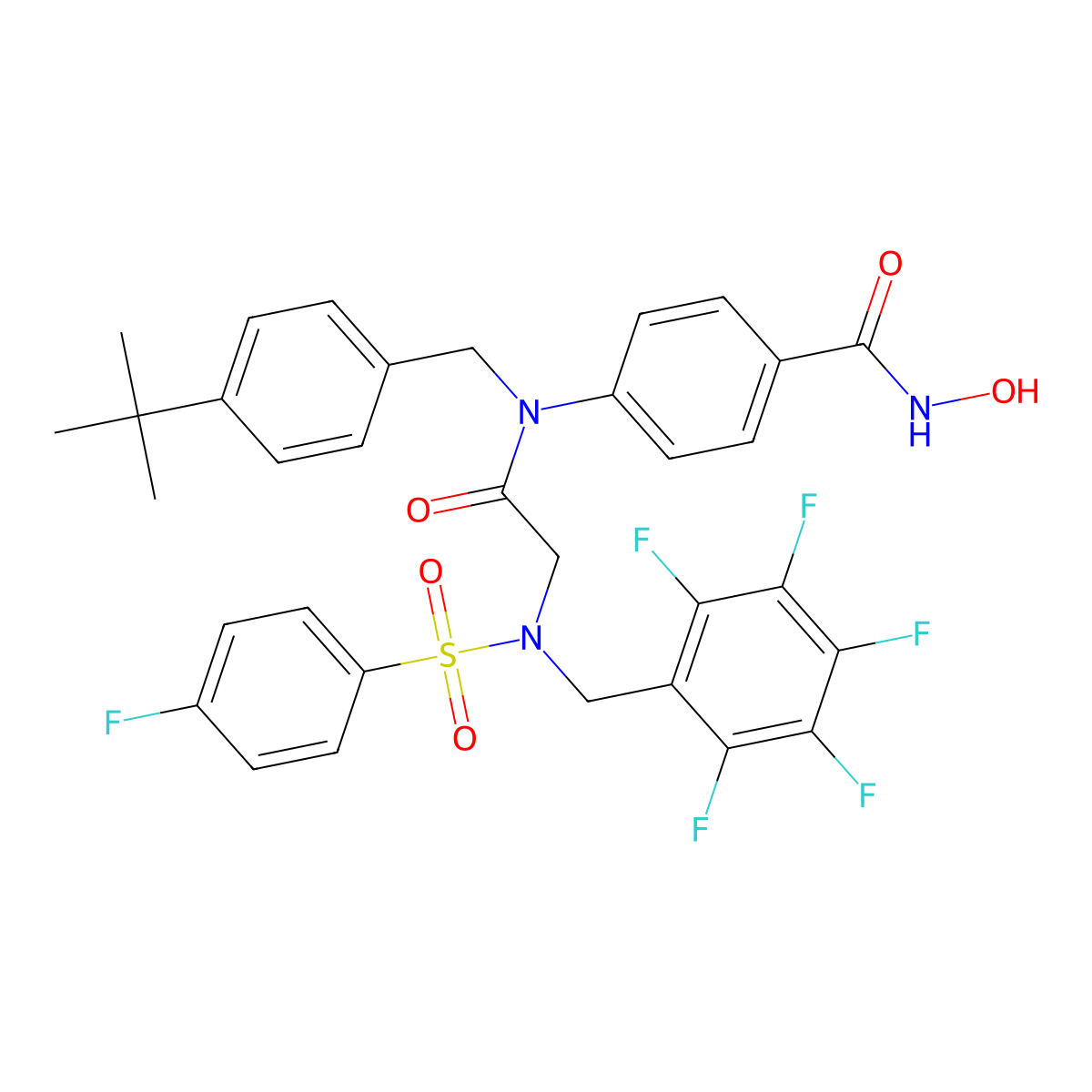 4-((4-tert-butylphenyl)methyl-(2-((4-fluorophenyl)sulfonyl-((2,3,4,5,6-pentafluorophenyl)methyl)amino)acetyl)amino)-N-hydroxybenzamide molecular structure, CAS 2361659-61-0