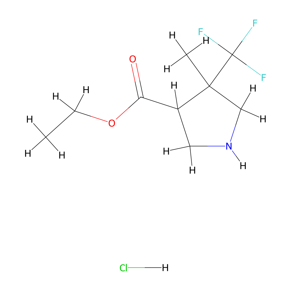 Ethyl 4-methyl-4-(trifluoromethyl)pyrrolidine-3-carboxylate hydrochloride molecular structure, CAS 2361679-47-0