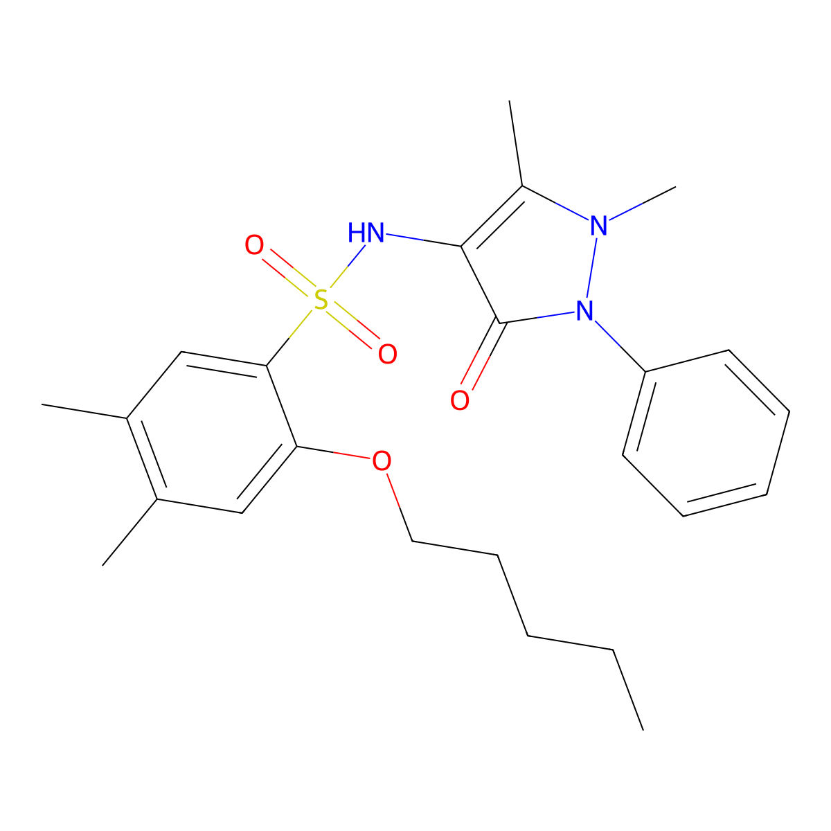 N-(1,5-dimethyl-3-oxo-2-phenyl-2,3-dihydro-1H-pyrazol-4-yl)-4,5-dimethyl-2-(pentyloxy)benzene-1-sulfonamide molecular structure, CAS 2361680-70-6