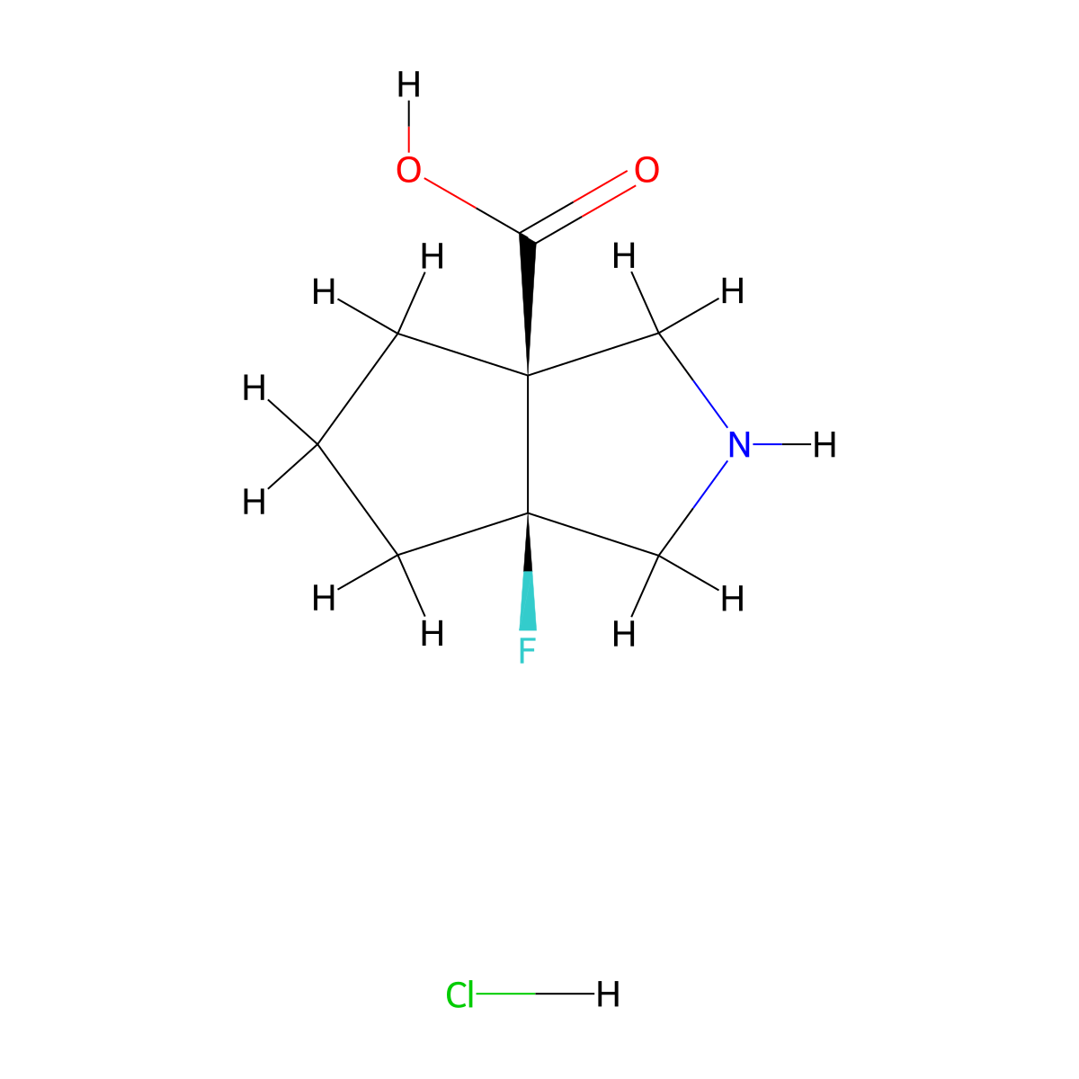 rac-(3aR,6aS)-6a-fluoro-octahydrocyclopenta(c)pyrrole-3a-carboxylic acid hydrochloride molecular structure, CAS 2361703-15-1