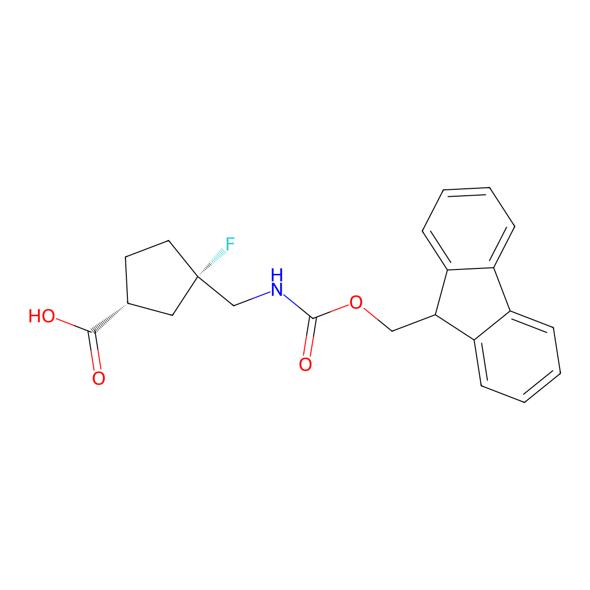 rac-(1R,3S)-3-[({[(9H-fluoren-9-yl)methoxy]carbonyl}amino)methyl]-3-fluorocyclopentane-1-carboxylicacid,trans molecular structure, CAS 2361723-03-5