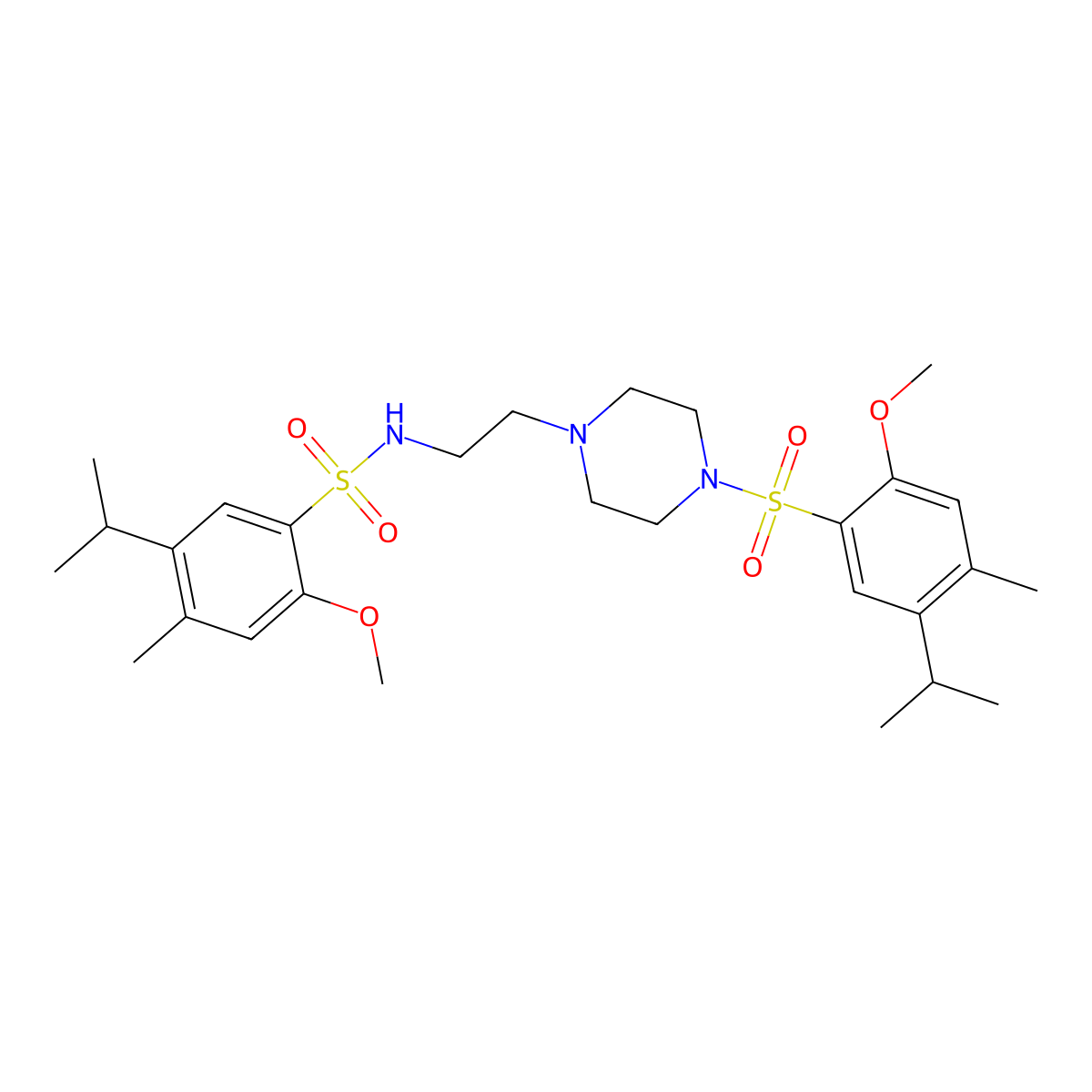 2-methoxy-N-(2-{4-[2-methoxy-4-methyl-5-(propan-2-yl)benzenesulfonyl]piperazin-1-yl}ethyl)-4-methyl-5-(propan-2-yl)benzene-1-sulfonamide molecular structure, CAS 2361749-43-9