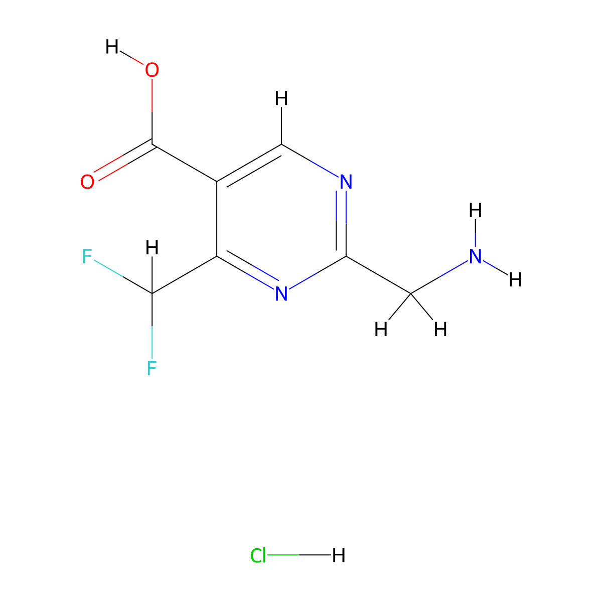 2-(Aminomethyl)-4-(difluoromethyl)pyrimidine-5-carboxylic acid hydrochloride molecular structure, CAS 2361880-90-0