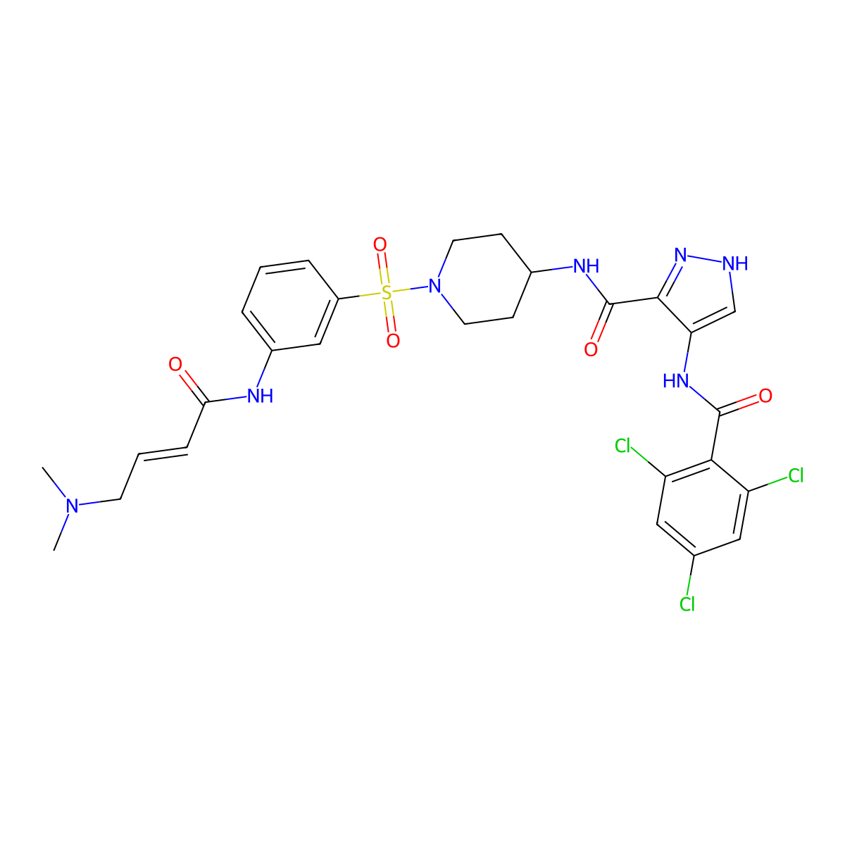 (E)-N-(1-((3-(4-(Dimethylamino)but-2-enamido)phenyl)sulfonyl)piperidin-4-yl)-4-(2,4,6-trichlorobenzamido)-1H-pyrazole-3-carboxamide molecular structure, CAS 2364489-81-4