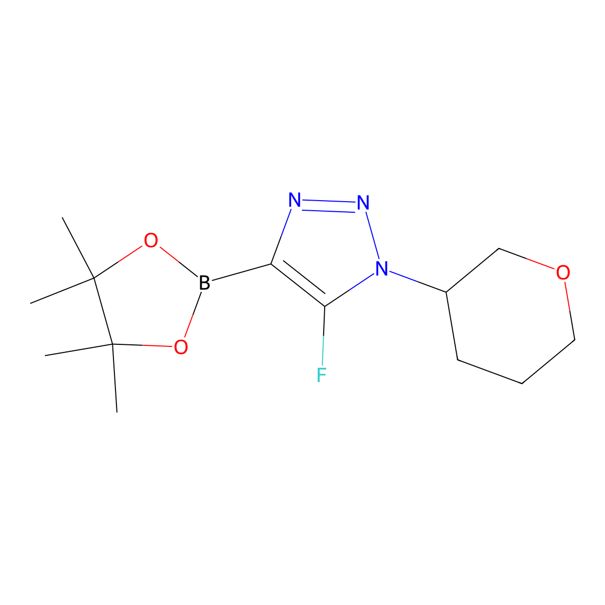 5-fluoro-1-(tetrahydro-2H-pyran-3-yl)-4-(4,4,5,5-tetramethyl-1,3,2-dioxaborolan-2-yl)-1H-1,2,3-triazole molecular structure, CAS 2364572-78-9