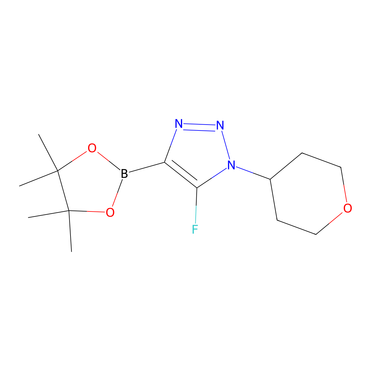 5-fluoro-1-(tetrahydro-2H-pyran-4-yl)-4-(4,4,5,5-tetramethyl-1,3,2-dioxaborolan-2-yl)-1H-1,2,3-triazole molecular structure, CAS 2364585-81-7