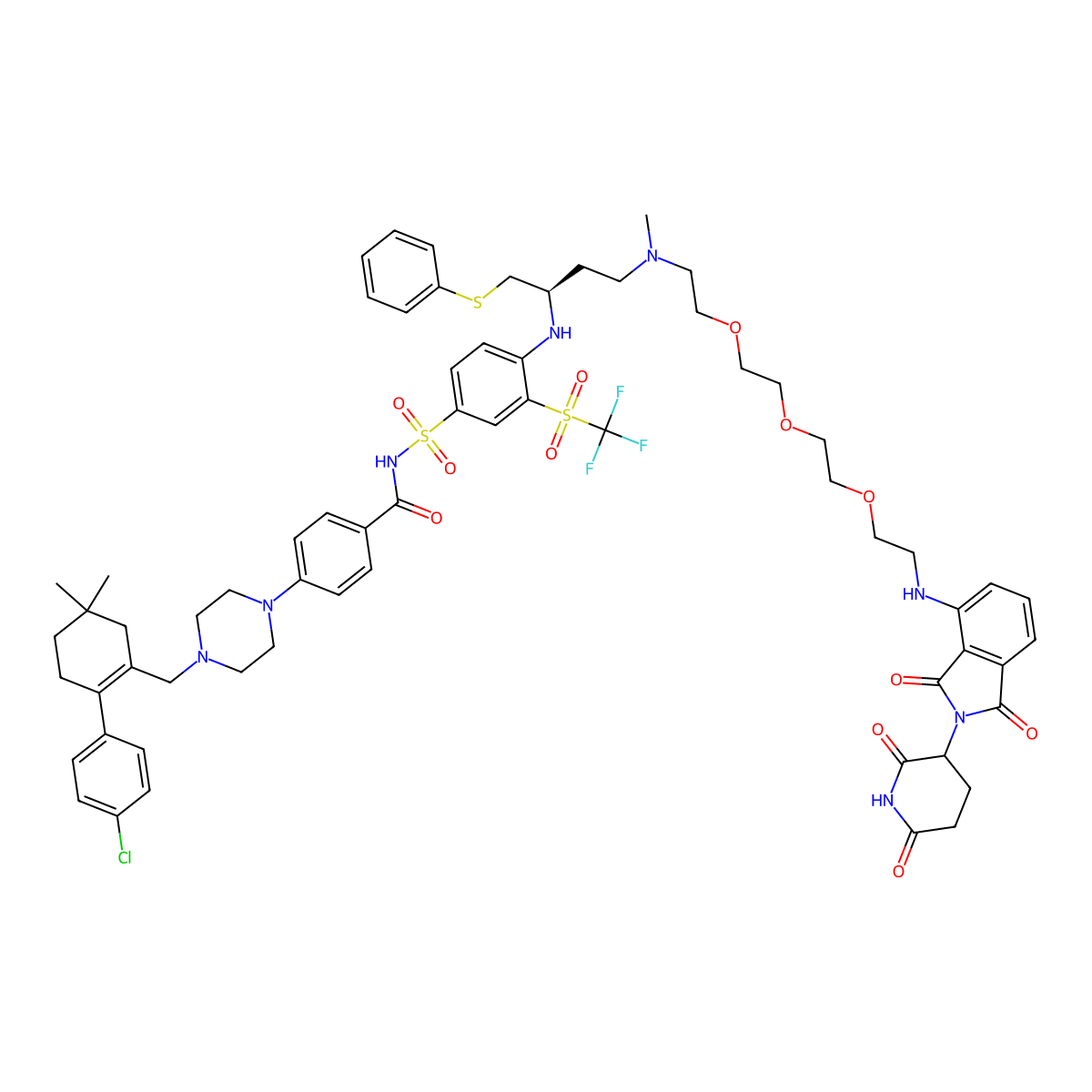 4-(4-{[2-(4-chlorophenyl)-5,5-dimethylcyclohex-1-en-1-yl]methyl}piperazin-1-yl)-N-{4-[(2R)-16-{[2-(2,6-dioxopiperidin-3-yl)-1,3-dioxo-2,3-dihydro-1H-isoindol-4-yl]amino}-5-methyl-2-[(phenylsulfanyl)methyl]-8,11,14-trioxa-1,5-diazahexadecan-1-yl]-3-trifluoromethanesulfonylbenzenesulfonyl}benzamide molecular structure, CAS 2365172-19-4