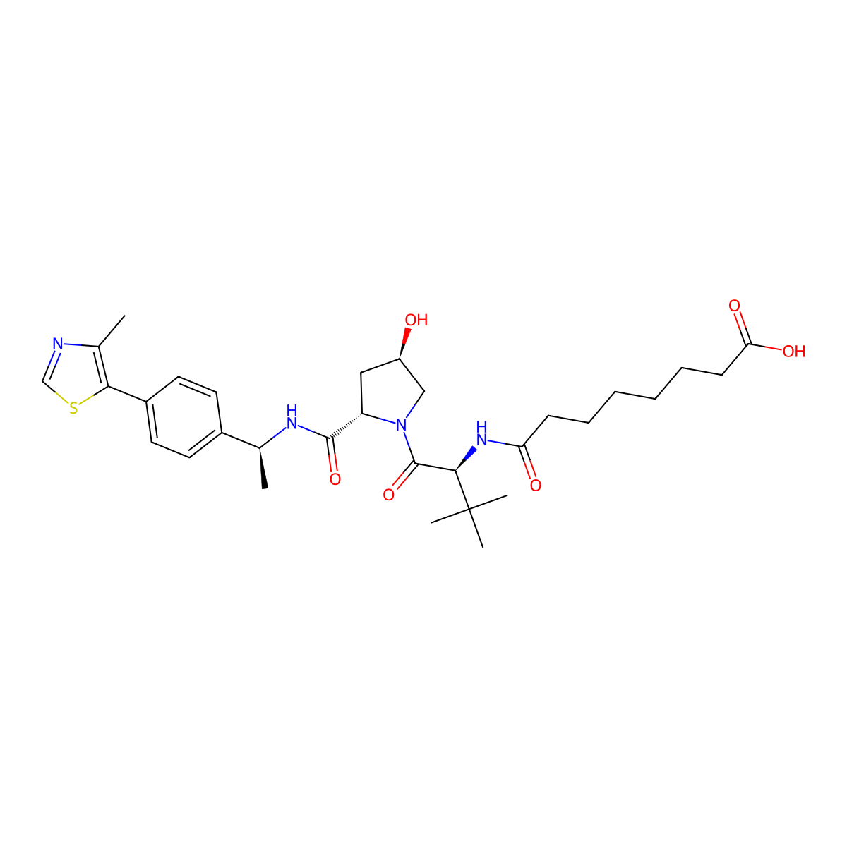 8-(((S)-1-((2S,4R)-4-hydroxy-2-(((S)-1-(4-(4-methylthiazol-5-yl)phenyl)ethyl)carbamoyl)pyrrolidin-1-yl)-3,3-dimethyl-1-oxobutan-2-yl)amino)-8-oxooctanoic acid molecular structure, CAS 2365173-02-8