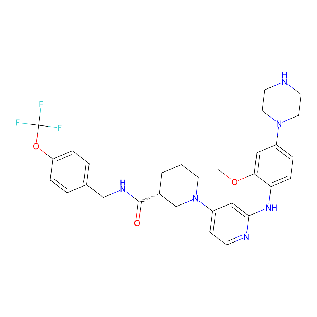 (R)-1-(2-((2-Methoxy-4-(piperazin-1-yl)phenyl)amino)pyridin-4-yl)-N-(4-(trifluoromethoxy)benzyl)piperidine-3-carboxamide molecular structure, CAS 2365497-12-5
