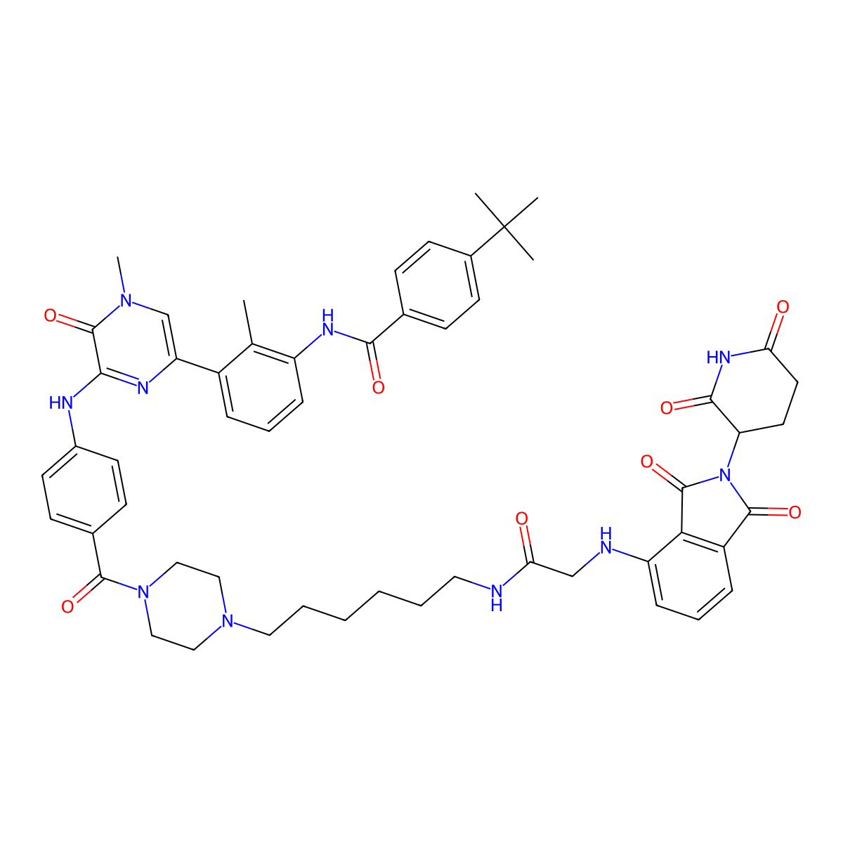 4-(1,1-Dimethylethyl)-N-[3-[6-[[4-[[4-[6-[[2-[[2-(2,6-dioxo-3-piperidinyl)-2,3-dihydro-1,3-dioxo-1H-isoindol-4-yl]amino]acetyl]amino]hexyl]-1-piperazinyl]carbonyl]phenyl]amino]-4,5-dihydro-4-methyl-5-oxo-2-pyrazinyl]-2-methylphenyl]benzamide molecular structure, CAS 2366132-45-6