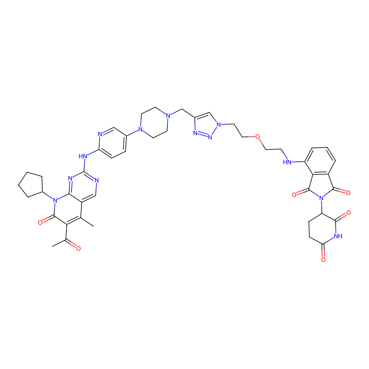 4-((2-(2-(4-((4-(6-((6-acetyl-8-cyclopentyl-5-methyl-7-oxo-7H,8H-pyrido(2,3-d)pyrimidin-2-yl)amino)pyridin-3-yl)piperazin-1-yl)methyl)-1H-1,2,3-triazol-1-yl)ethoxy)ethyl)amino)-2-(2,6-dioxopiperidin-3-yl)-2,3-dihydro-1H-isoindole-1,3-dione molecular structure, CAS 2366268-80-4