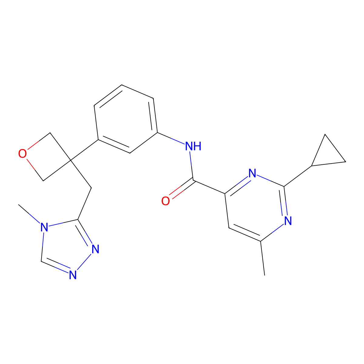 2-Cyclopropyl-6-methyl-N-[3-[3-[(4-methyl-4H-1,2,4-triazol-3-yl)methyl]-3-oxetanyl]phenyl]-4-pyrimidinecarboxamide molecular structure, CAS 2368839-86-3