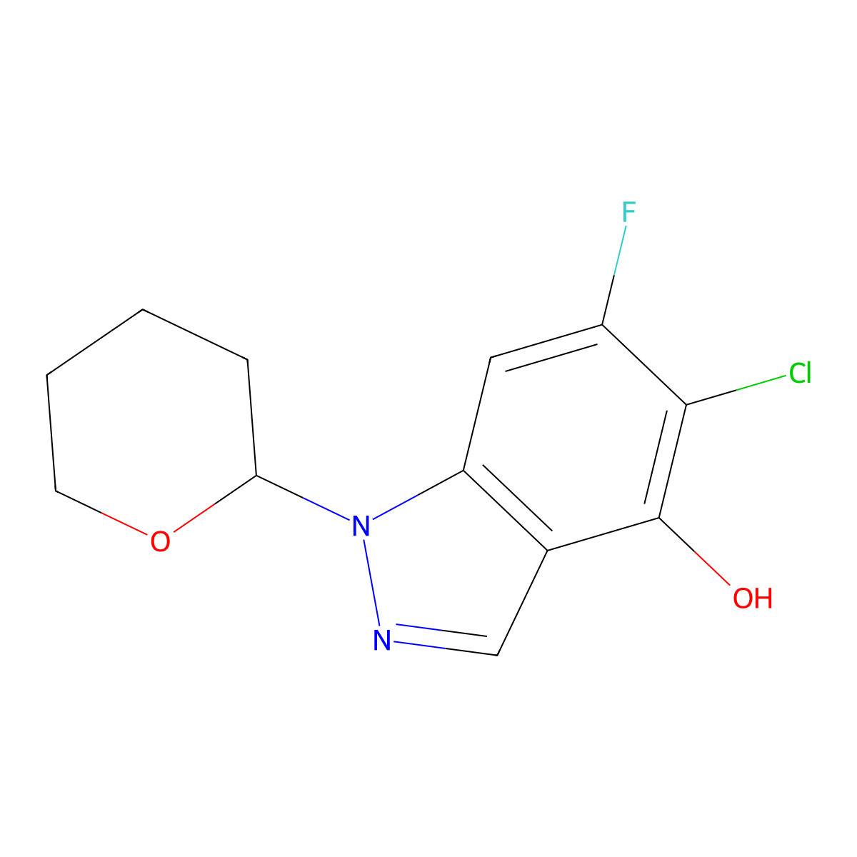 5-Chloro-6-fluoro-1-tetrahydropyran-2-yl-indazol-4-ol molecular structure, CAS 2368909-53-7