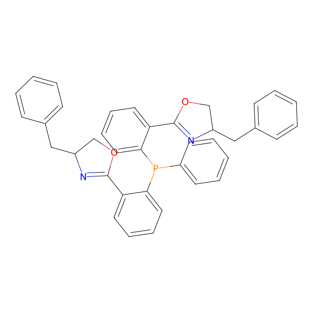 (4S,4'S)-2,2'-((Phenylphosphanediyl)bis(2,1-phenylene))bis(4-benzyl-4,5-dihydrooxazole) molecular structure, CAS 2368937-52-2