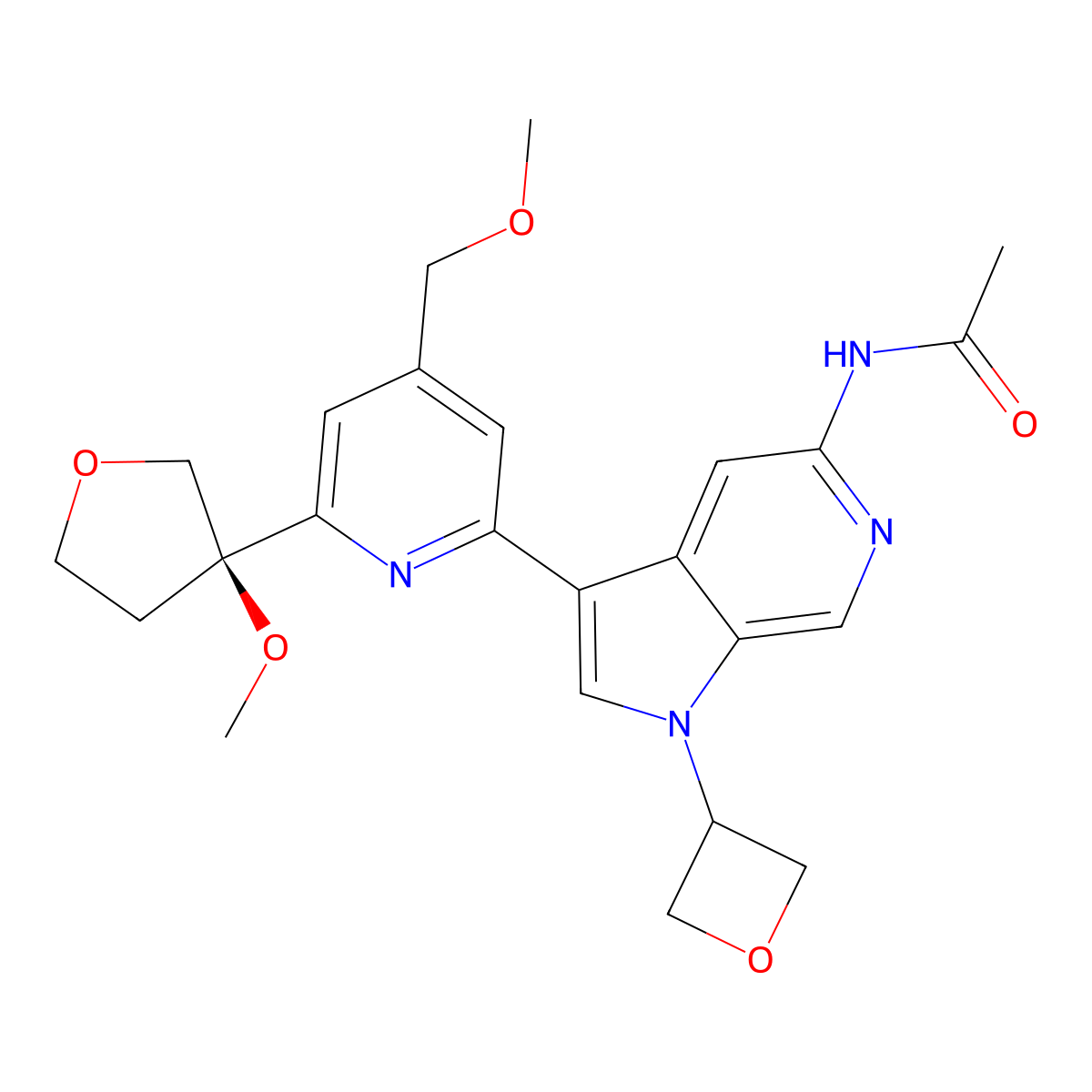 N-[3-[4-(methoxymethyl)-6-[(3R)-3-methoxyoxolan-3-yl]-2-pyridinyl]-1-(oxetan-3-yl)pyrrolo[2,3-c]pyridin-5-yl]acetamide molecular structure, CAS 2368945-27-9
