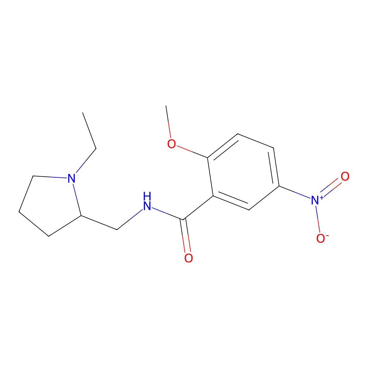 N-[(1-Ethyl-2-pyrrolidinyl)methyl]-2-methoxy-5-nitrobenzamide molecular structure, CAS 23694-03-3