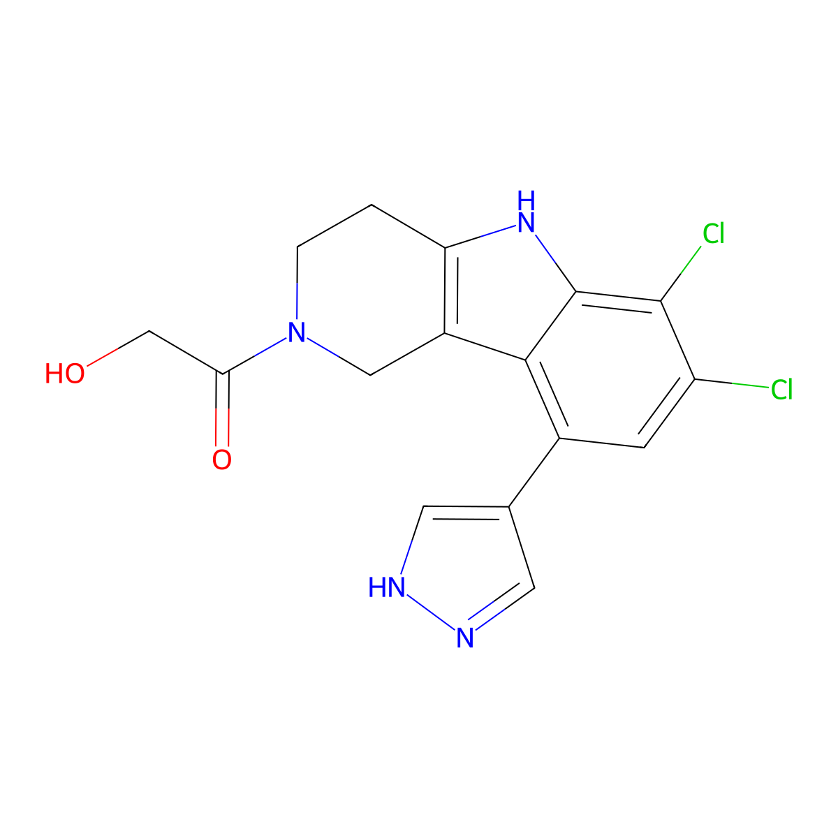 1-[6,7-dichloro-9-(1H-pyrazol-4-yl)-1,3,4,5-tetrahydro-2H-pyrido[4,3-b]indol-2-yl]-2-hydroxyethan-1-one molecular structure, CAS 2369750-66-1
