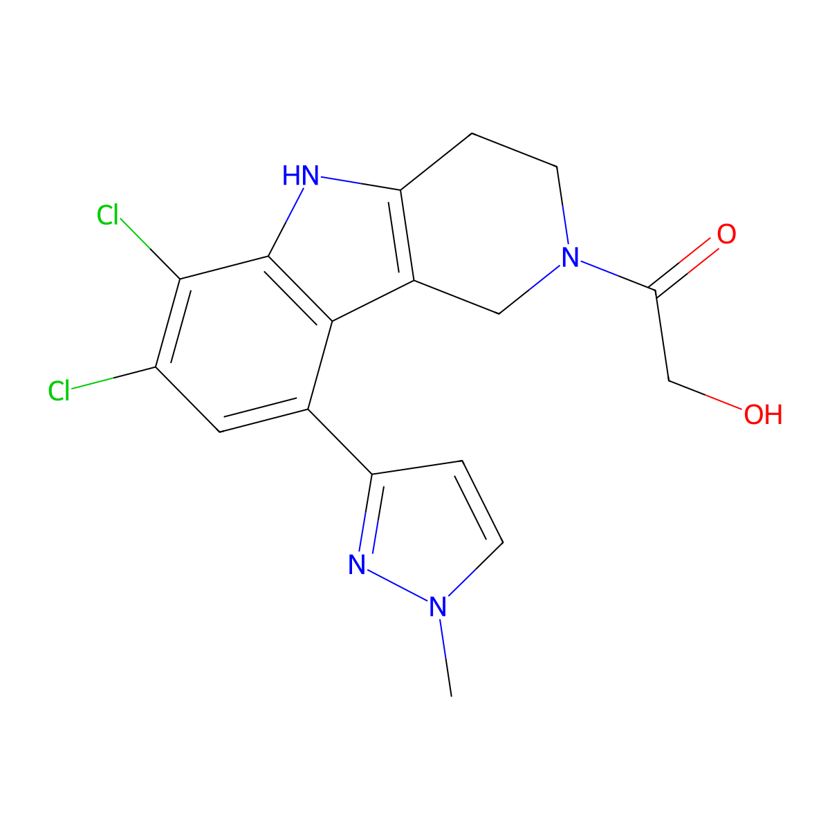 1-(6,7-Dichloro-9-(1-methyl-1H-pyrazol-3-yl)-3,4-dihydro-1H-pyrido[4,3-b]indol-2(5H)-yl)-2-hydroxyethanone molecular structure, CAS 2369751-07-3