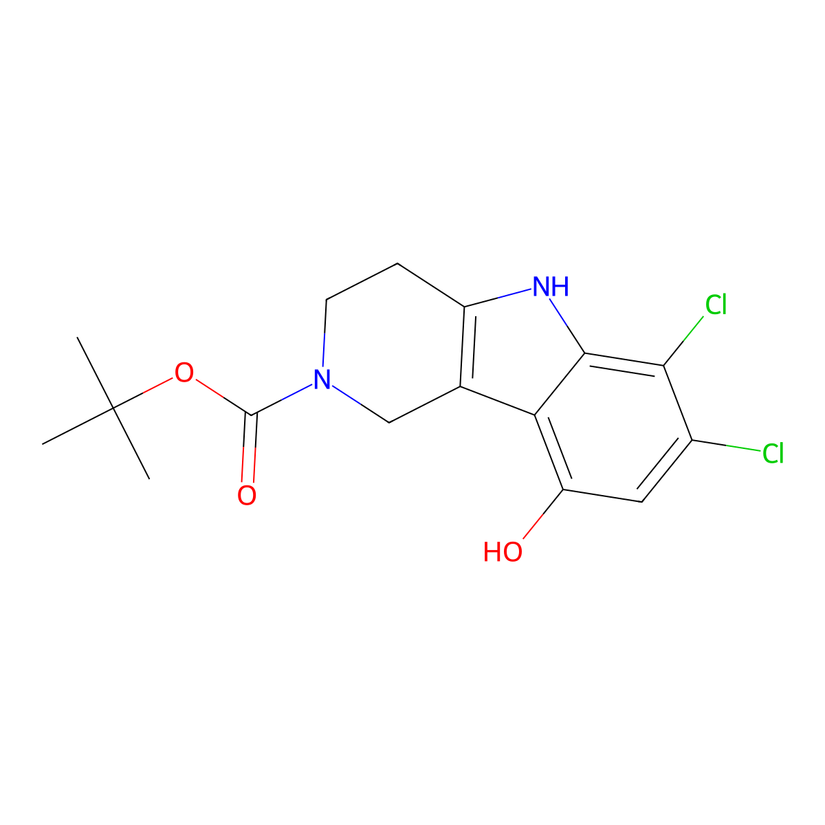 2-Boc-6,7-dichloro-9-hydroxy-2,3,4,5-tetrahydro-1H-pyrido[4,3-b]indole molecular structure, CAS 2369752-69-0