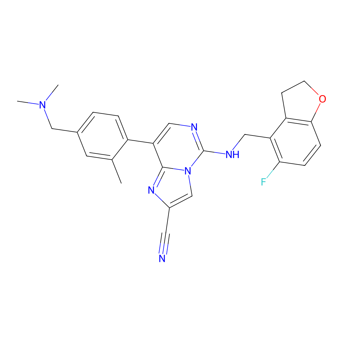 8-(4-((Dimethylamino)methyl)-2-methylphenyl)-5-(((5-fluoro-2,3-dihydrobenzofuran-4-yl)methyl)amino)imidazo[1,2-c]pyrimidine-2-carbonitrile molecular structure, CAS 2369769-29-7