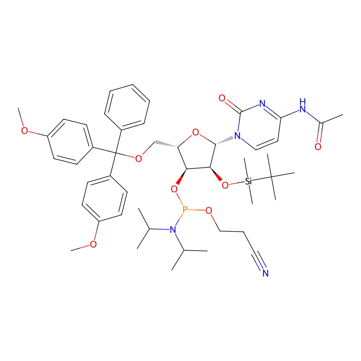 (2S,3S,4S,5S)-5-(4-Acetamido-2-oxopyrimidin-1(2H)-yl)-2-((bis(4-methoxyphenyl)(phenyl)methoxy)methyl)-4-((tert-butyldimethylsilyl)oxy)tetrahydrofuran-3-yl (2-cyanoethyl) diisopropylphosphoramidite molecular structure, CAS 237060-94-5