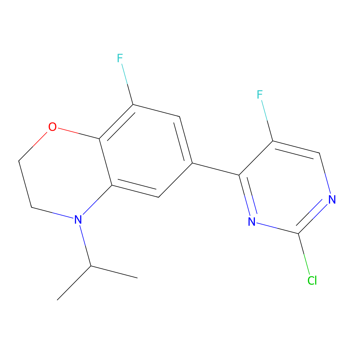 6-(2-chloro-5-fluoropyrimidin-4-yl)-8-fluoro-4-isopropyl-3,4-dihydro-2H-benzo[b][1,4]oxazine molecular structure, CAS 2370912-01-7