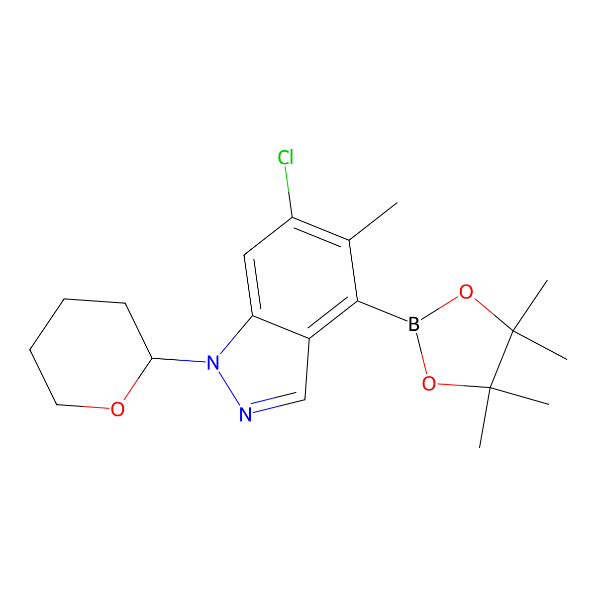 6-Chloro-5-methyl-1-tetrahydropyran-2-yl-4-(4,4,5,5-tetramethyl-1,3,2-dioxaborolan-2-yl)indazole molecular structure, CAS 2374152-83-5