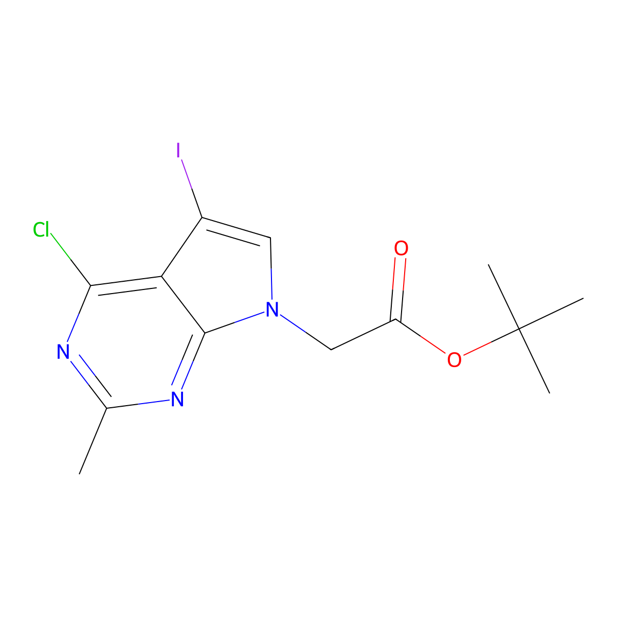 tert-butyl 2-{4-chloro-5-iodo-2-methyl-7H-pyrrolo[2,3-d]pyrimidin-7-yl}acetate molecular structure, CAS 2374716-82-0