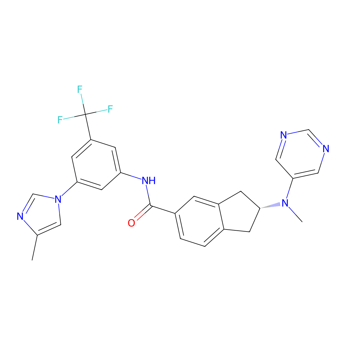 (R)-2-(methyl(pyrimidin-5-yl)amino)-N-(3-(4-methyl-1H-imidazol-1-yl)-5-(trifluoromethyl)phenyl)-2,3-dihydro-1H-indene-5-carboxamide molecular structure, CAS 2374749-85-4