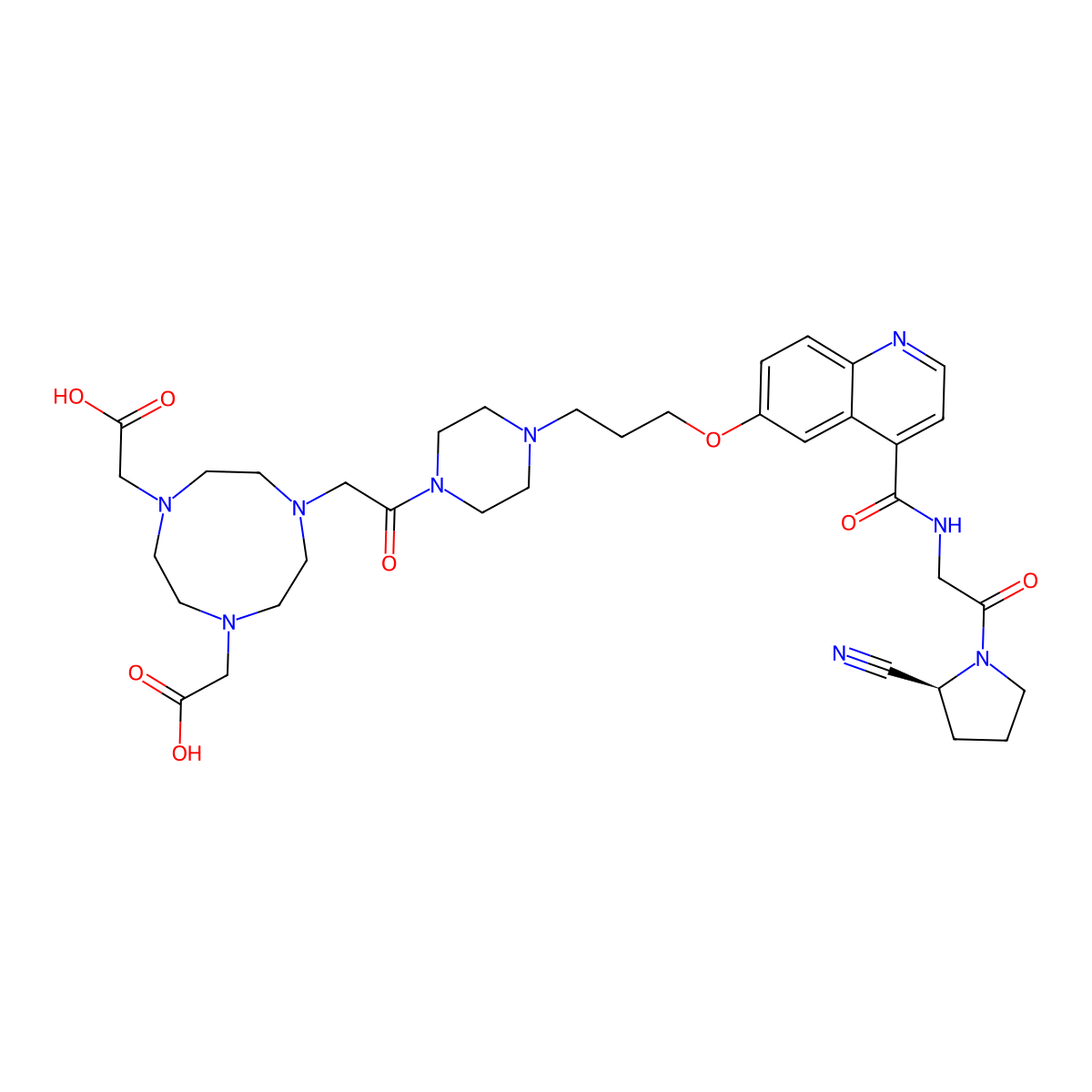 (S)-2,2'-(7-(2-(4-(3-((4-((2-(2-Cyanopyrrolidin-1-yl)-2-oxoethyl)carbamoyl)quinolin-6-yl)oxy)propyl)piperazin-1-yl)-2-oxoethyl)-1,4,7-triazonane-1,4-diyl)diacetic acid molecular structure, CAS 2374782-76-8
