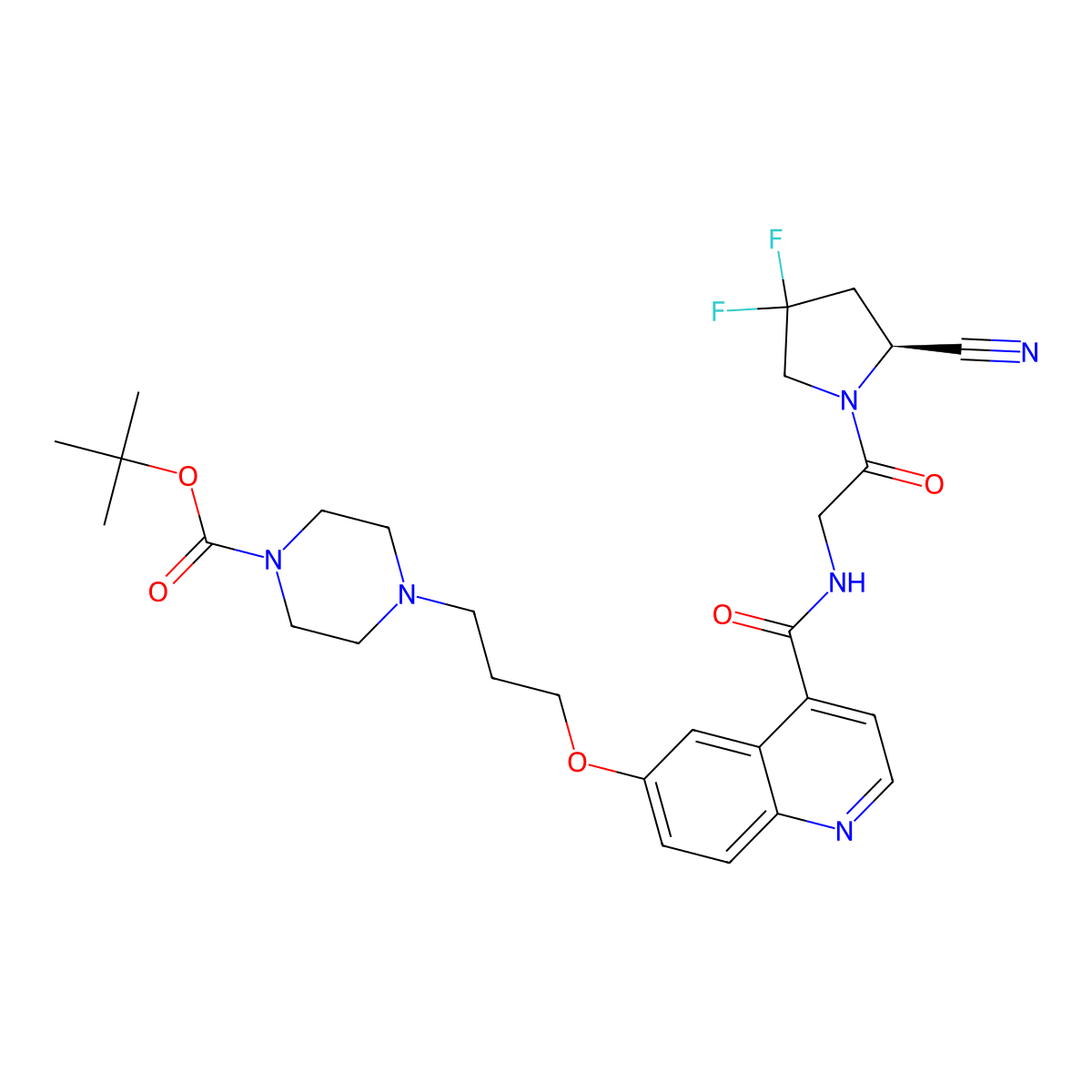 tert-Butyl (S)-4-(3-((4-((2-(2-cyano-4,4-difluoropyrrolidin-1-yl)-2-oxoethyl)carbamoyl)quinolin-6-yl)oxy)propyl)piperazine-1-carboxylate molecular structure, CAS 2374782-82-6